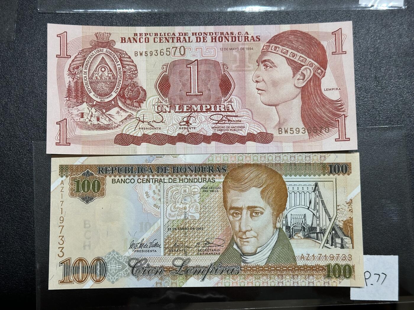 《外钞收藏家》第三百八十一期（美洲小专场） 洪都拉斯1994-2003年版小套2枚，1/100元	P76-77  全新UNC