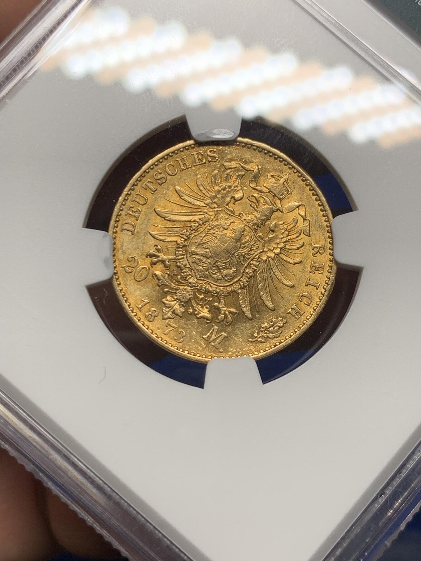 《竞宝斋》第279场- 周日，周一 ，周二3场连拍 （全场包邮） NGC AU55  德国 1873年 黑森-达姆施塔特大公国   20马克金币 黑森少见 路德维希三世的更难得 裸币成交8000左右