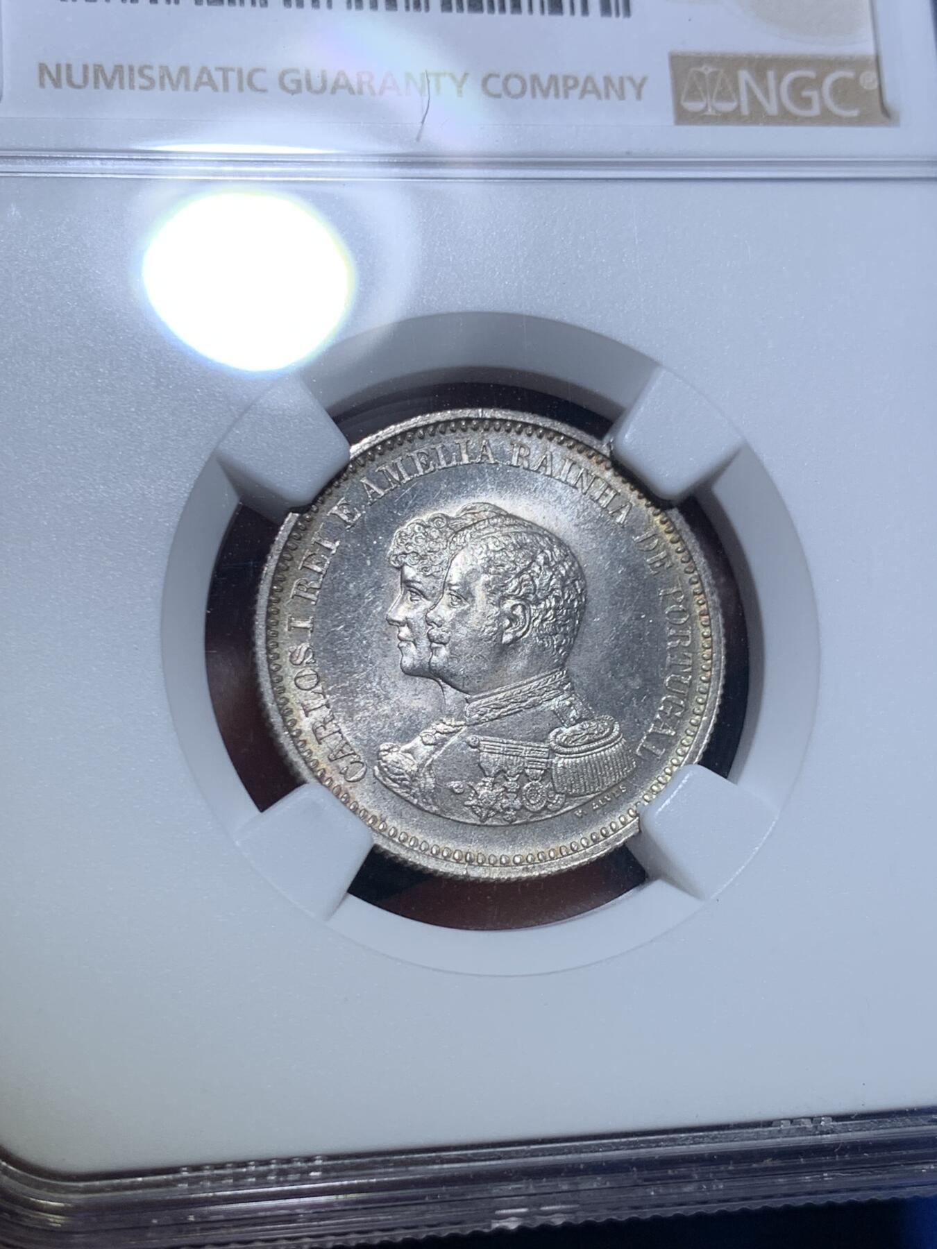 《竞宝斋》第279场- 周日，周一 ，周二3场连拍 （全场包邮） NGC MS65 葡萄牙1898年发现印度戎装版200瑞斯银币 高分好品