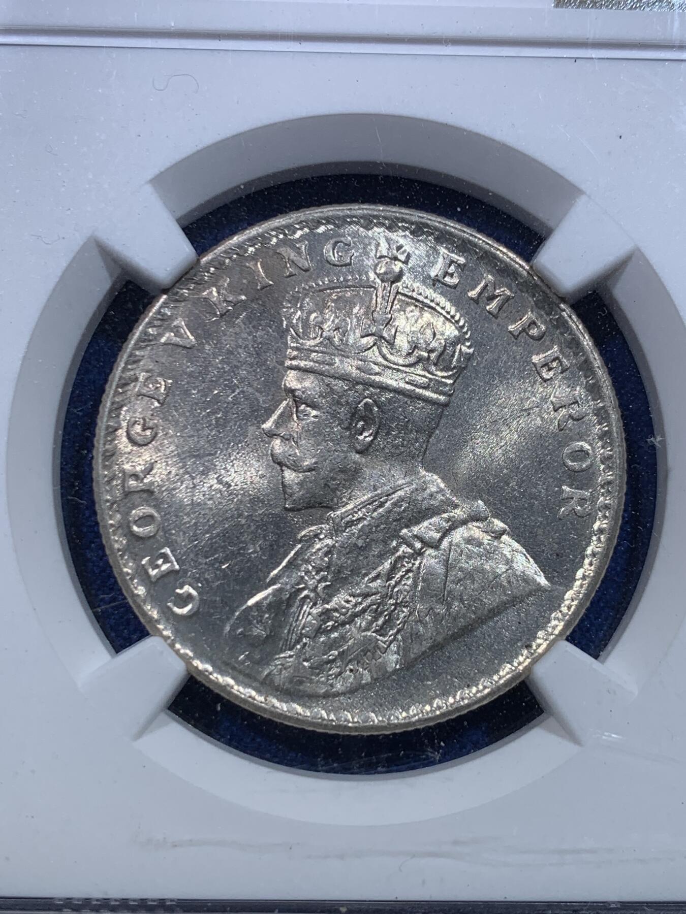 《竞宝斋》第279场- 周日，周一 ，周二3场连拍 （全场包邮） NGC MS63 英属印度 1918年 B版 乔五 1卢比银币