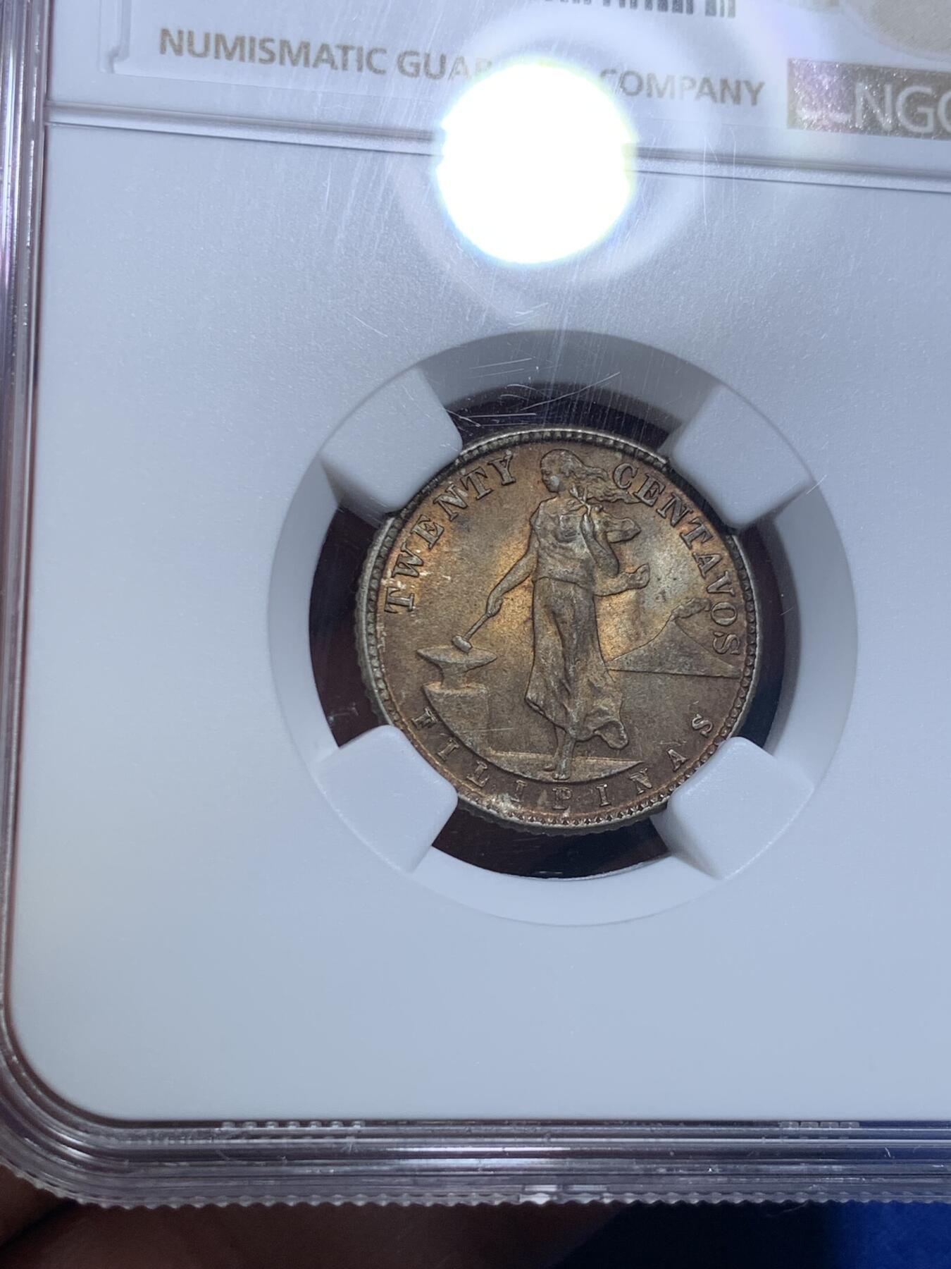 《竞宝斋》第279场- 周日，周一 ，周二3场连拍 （全场包邮） NGC MS64 1944年美属菲律宾20分银币  顶级五彩包浆车轮光，观感极佳