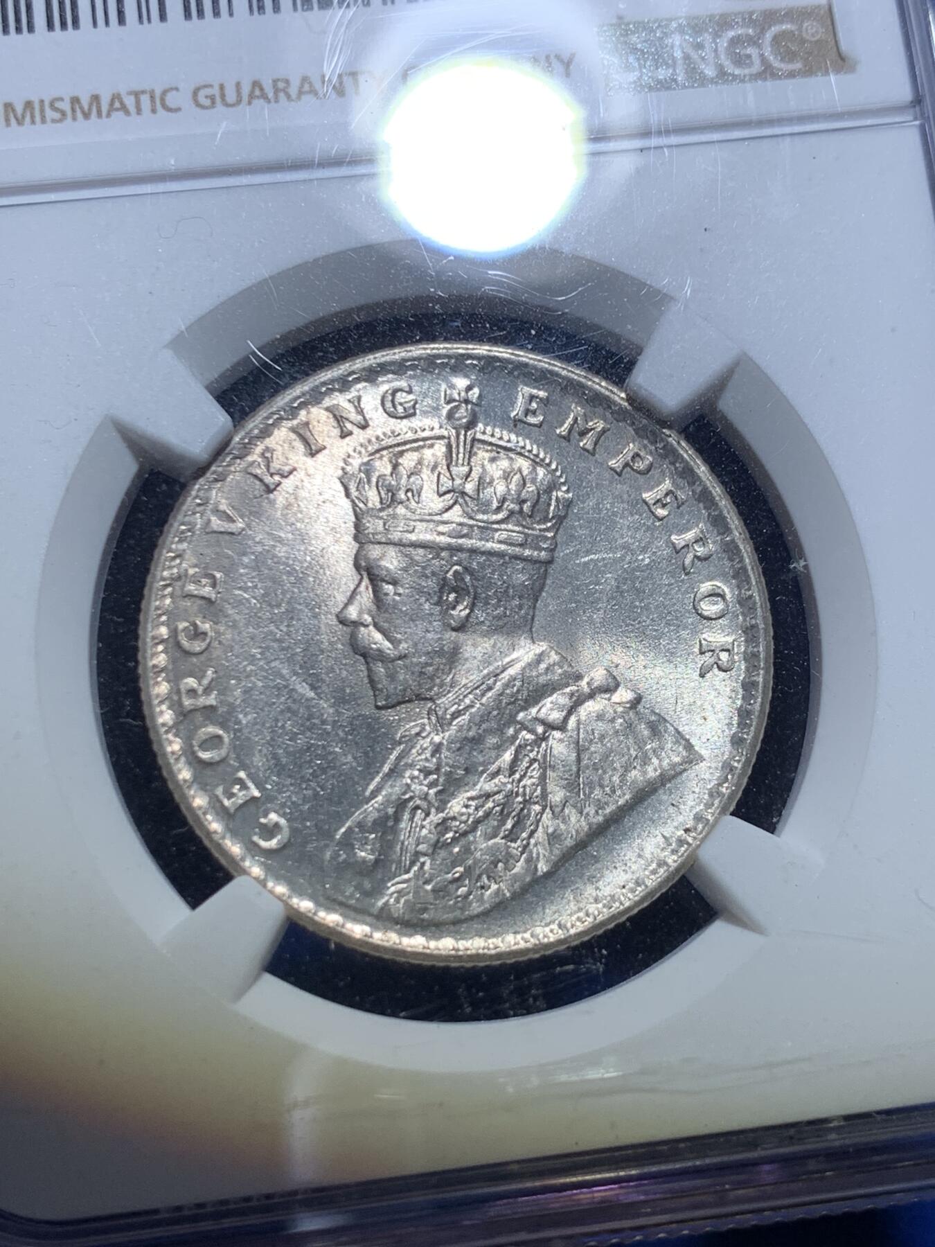 《竞宝斋》第279场- 周日，周一 ，周二3场连拍 （全场包邮） NGC MS63 英属印度 1918年 B版 乔五 1卢比银币