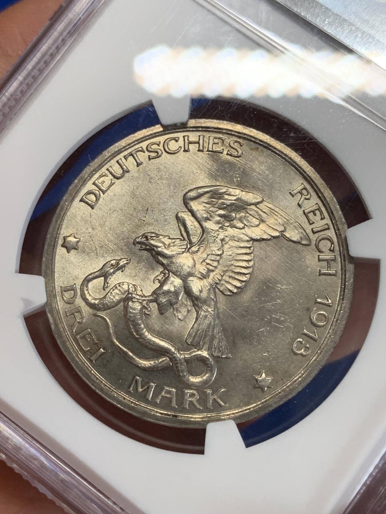《竞宝斋》第279场- 周日，周一 ，周二3场连拍 （全场包邮） NGC MS63 德国1913年击败拿破仑3马克银币