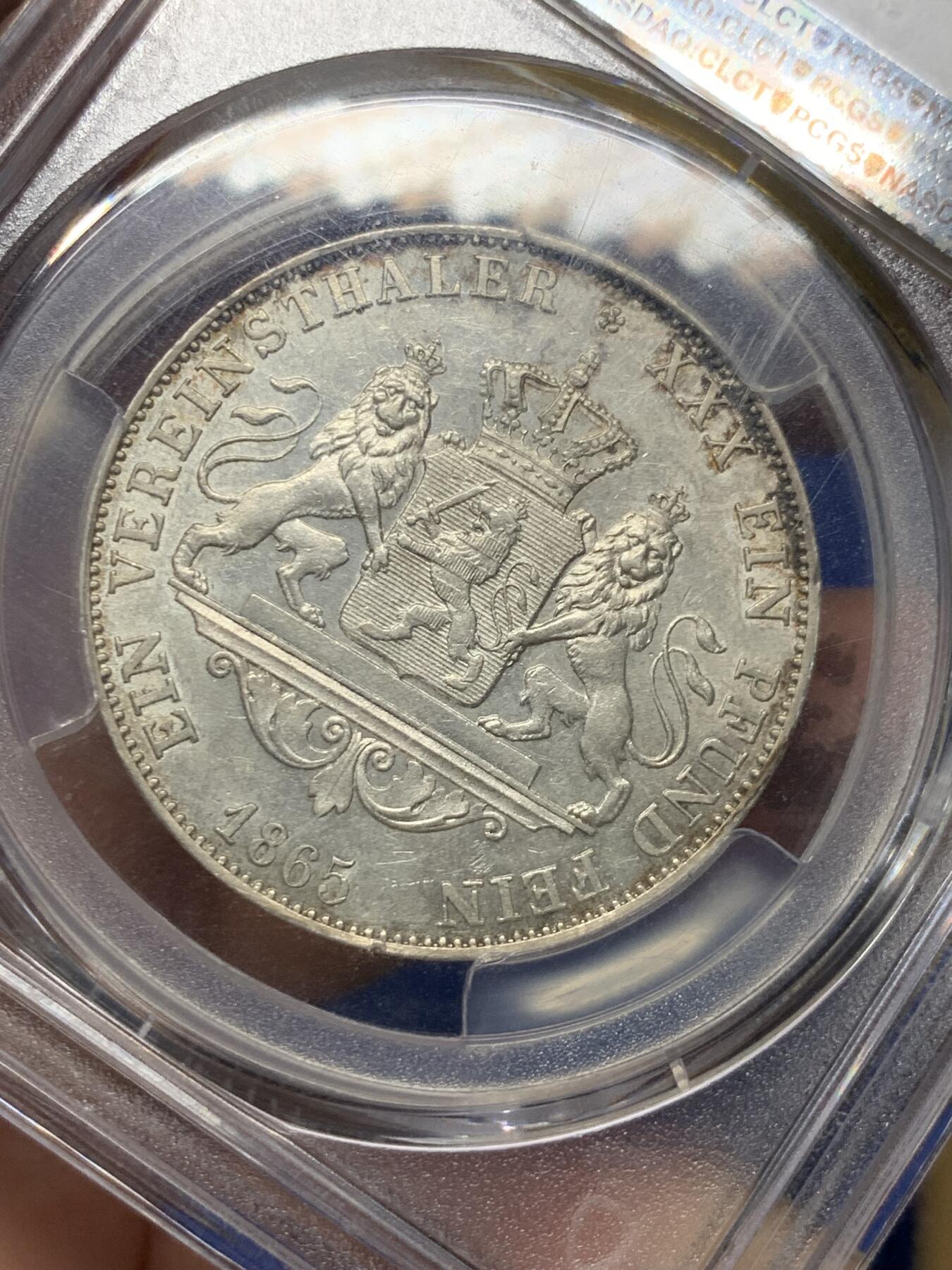 《竞宝斋》第279场- 周日，周一 ，周二3场连拍 （全场包邮） 冠军分！PCGS AU58 德国 1865年 黑森达姆施塔特 1泰勒银币 Stack拍卖2022/11/17成交价1186