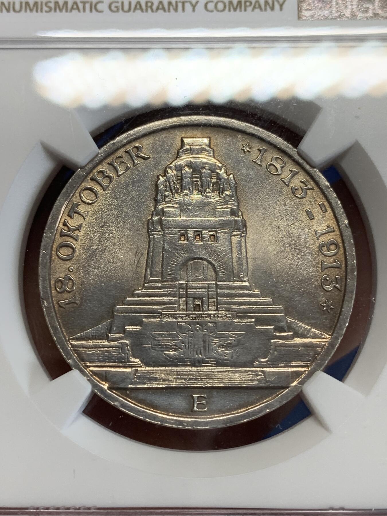 《竞宝斋》第279场- 周日，周一 ，周二3场连拍 （全场包邮） NGC UNC   德国1913年建功碑3马克银币