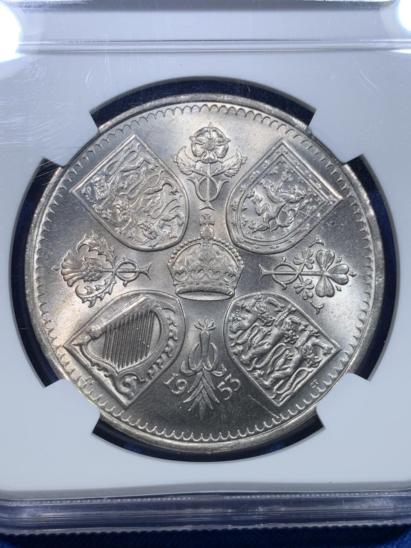 《竞宝斋》第279场- 周日，周一 ，周二3场连拍 （全场包邮） NGC MS63 英国1953年女王加冕克朗