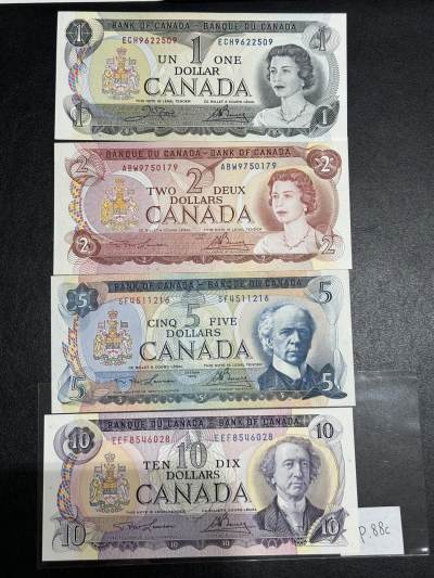 《外钞收藏家》第三百八十一期（美洲小专场） - 加拿大1971-74年版小套，1/2/510元，4枚	P85-88 5元轻微几个潮点 有折  其他面额没问题