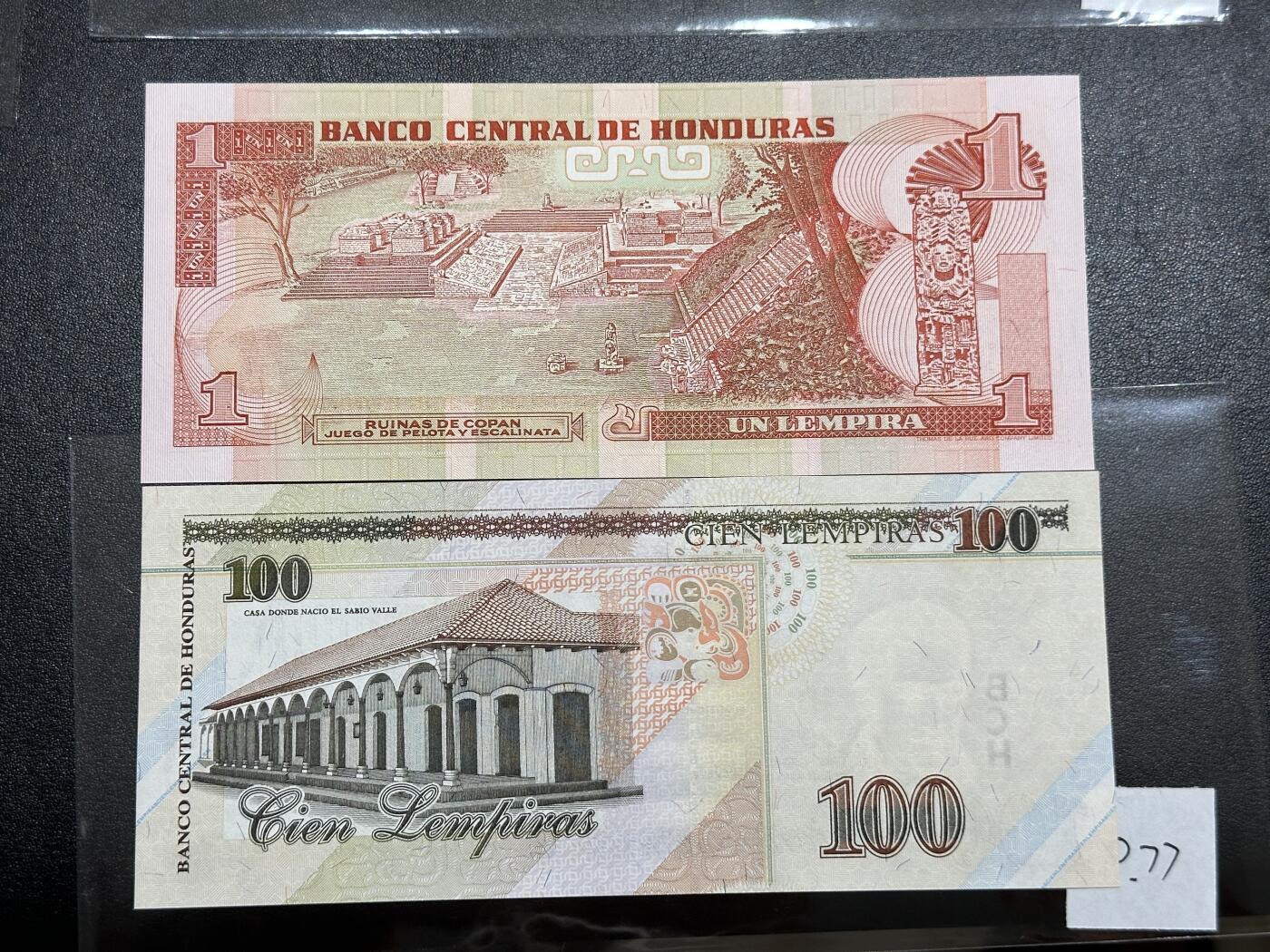 《外钞收藏家》第三百八十一期（美洲小专场） 洪都拉斯1994-2003年版小套2枚，1/100元	P76-77  全新UNC