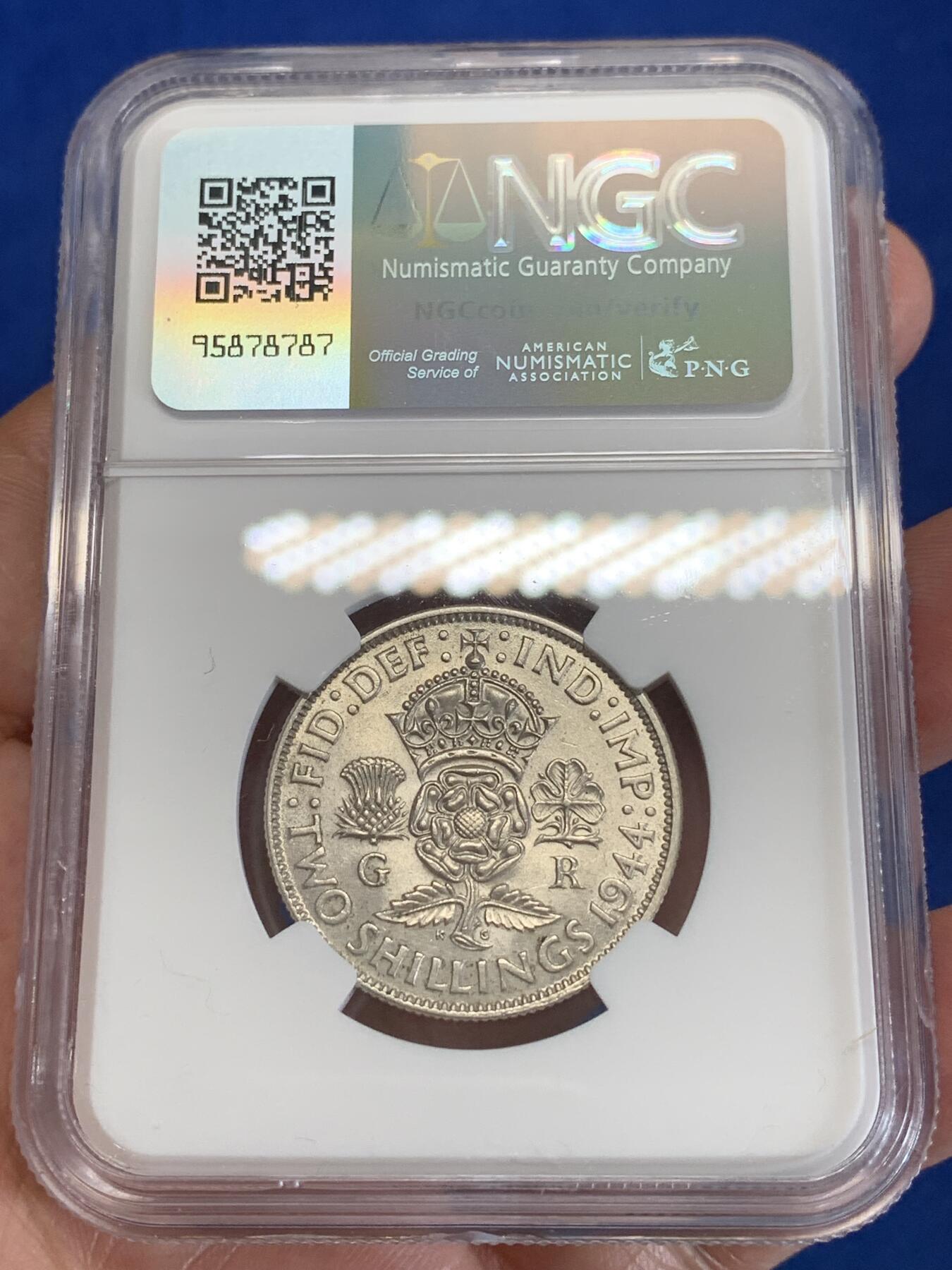 《竞宝斋》第279场- 周日，周一 ，周二3场连拍 （全场包邮） NGC UNCD 英国1944年乔治六世2先令银币