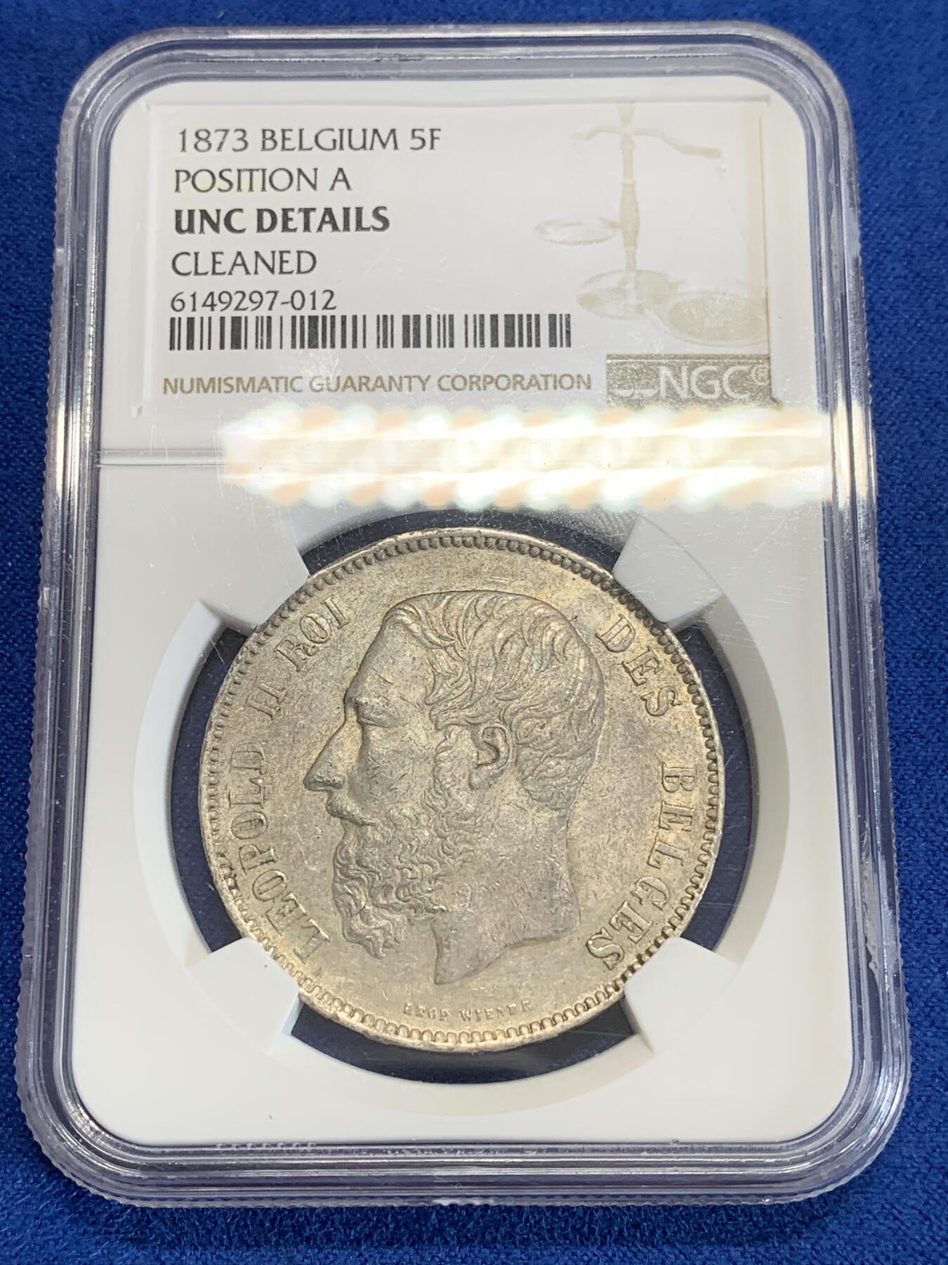 《竞宝斋》第279场- 周日，周一 ，周二3场连拍 （全场包邮） NGC UNC   比利时1873年利奥波德二世5法郎银币