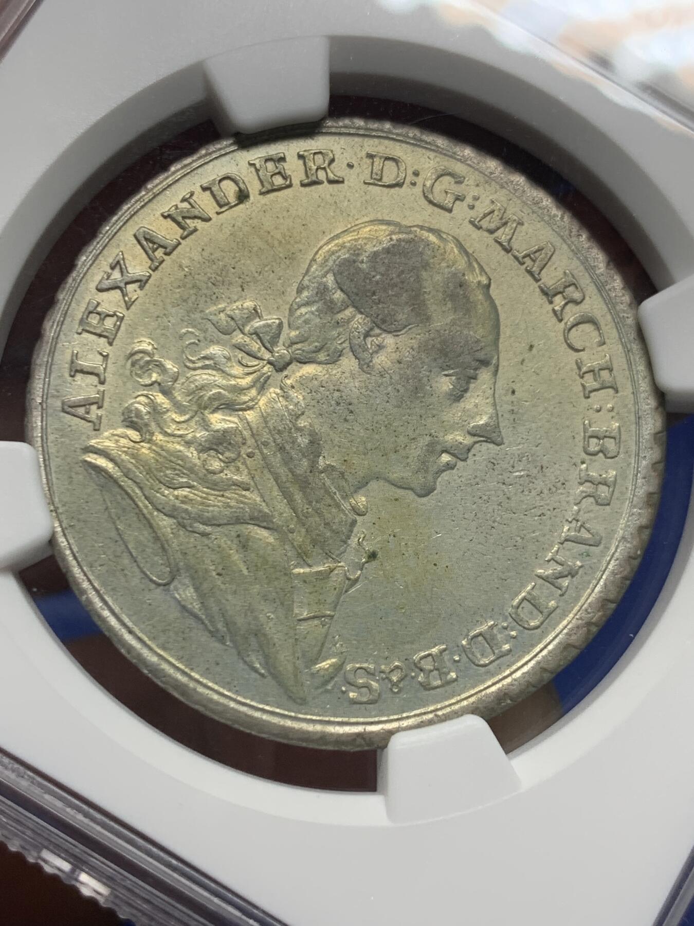 《竞宝斋》第279场- 周日，周一 ，周二3场连拍 （全场包邮） 唯一冠军分 NGC AU55 德国 1767 勃兰登堡-安斯巴赫侯爵领地 1/2泰勒银币 稀有品种