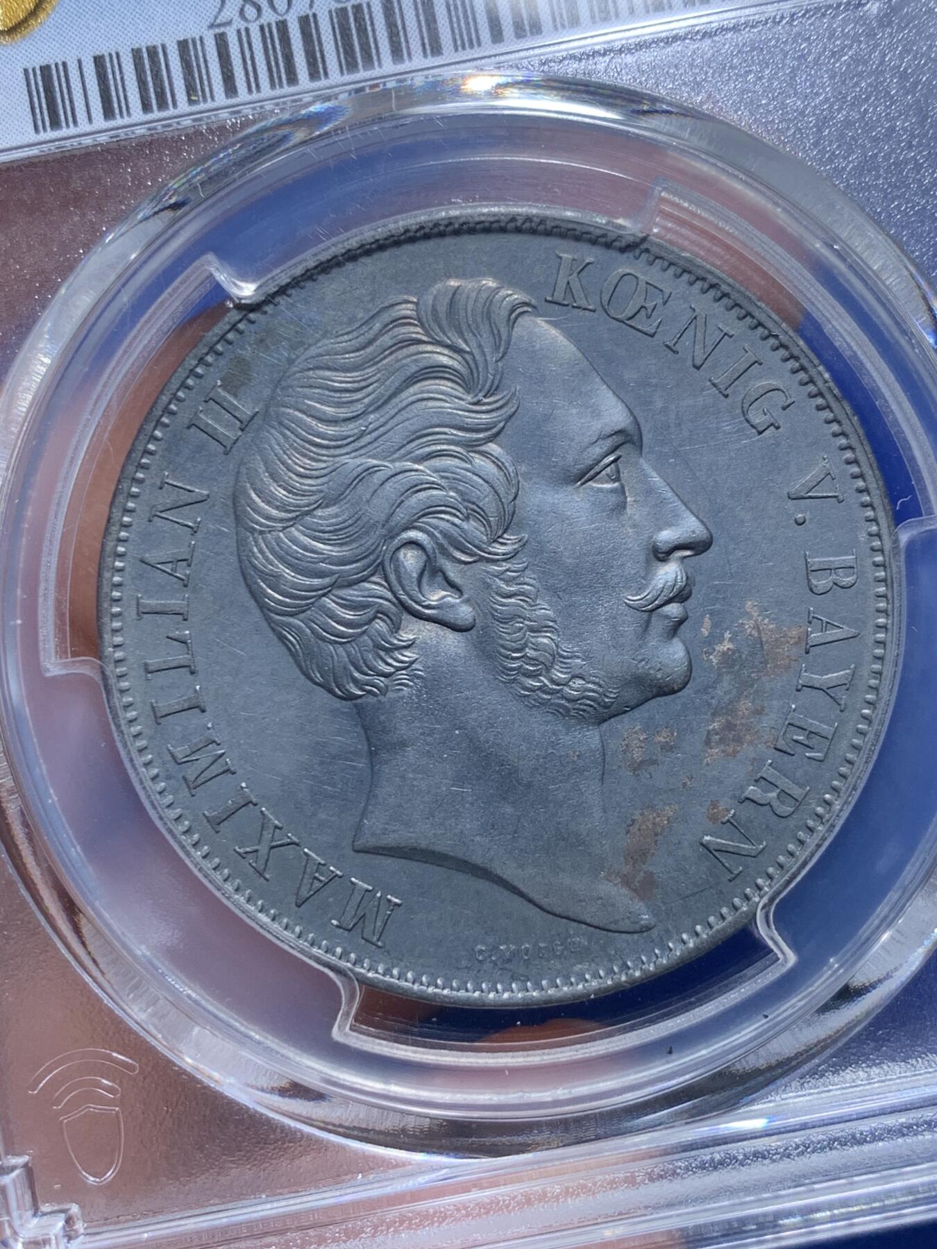 《竞宝斋》第279场- 周日，周一 ，周二3场连拍 （全场包邮） PCGS AU 德国 1855年 巴伐利亚马克西米利安二世圣母抱婴2GUL 双面黑漆古包浆状态上佳。