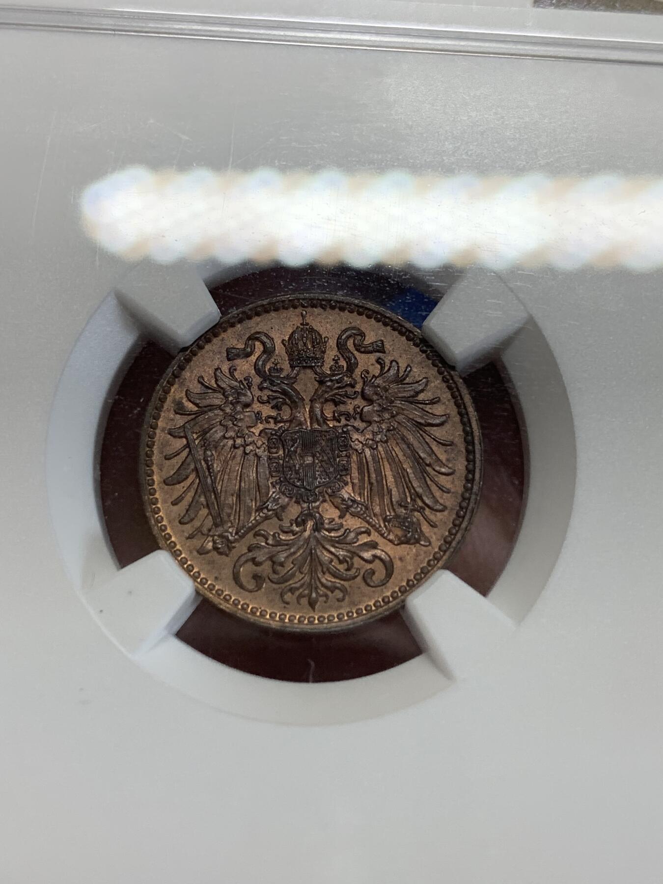 《竞宝斋》第279场- 周日，周一 ，周二3场连拍 （全场包邮） NGC MS65RB 奥匈帝国1897年2赫勒铜币 最高得分