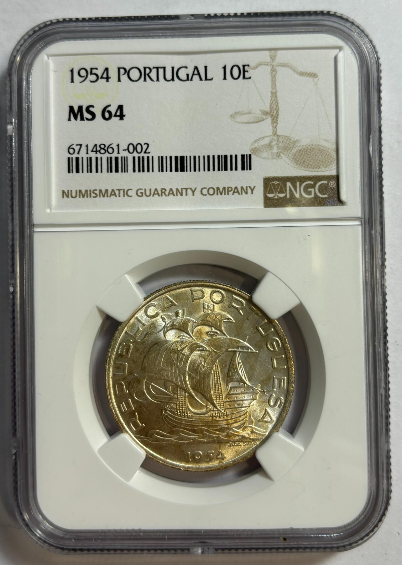 紫瑗钱币——第420期 葡萄牙 1954年 帆船 10埃斯库多 银币 NGC MS64