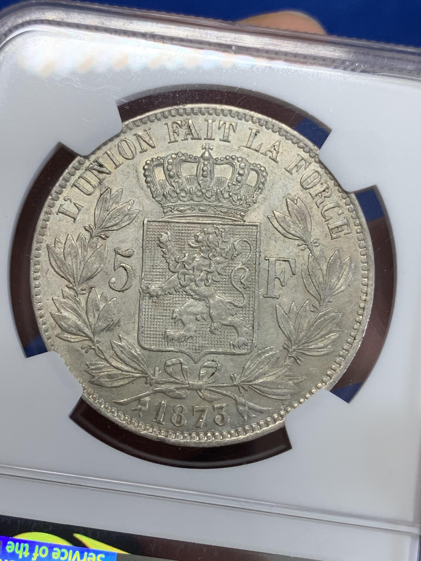 《竞宝斋》第279场- 周日，周一 ，周二3场连拍 （全场包邮） NGC UNC   比利时1873年利奥波德二世5法郎银币