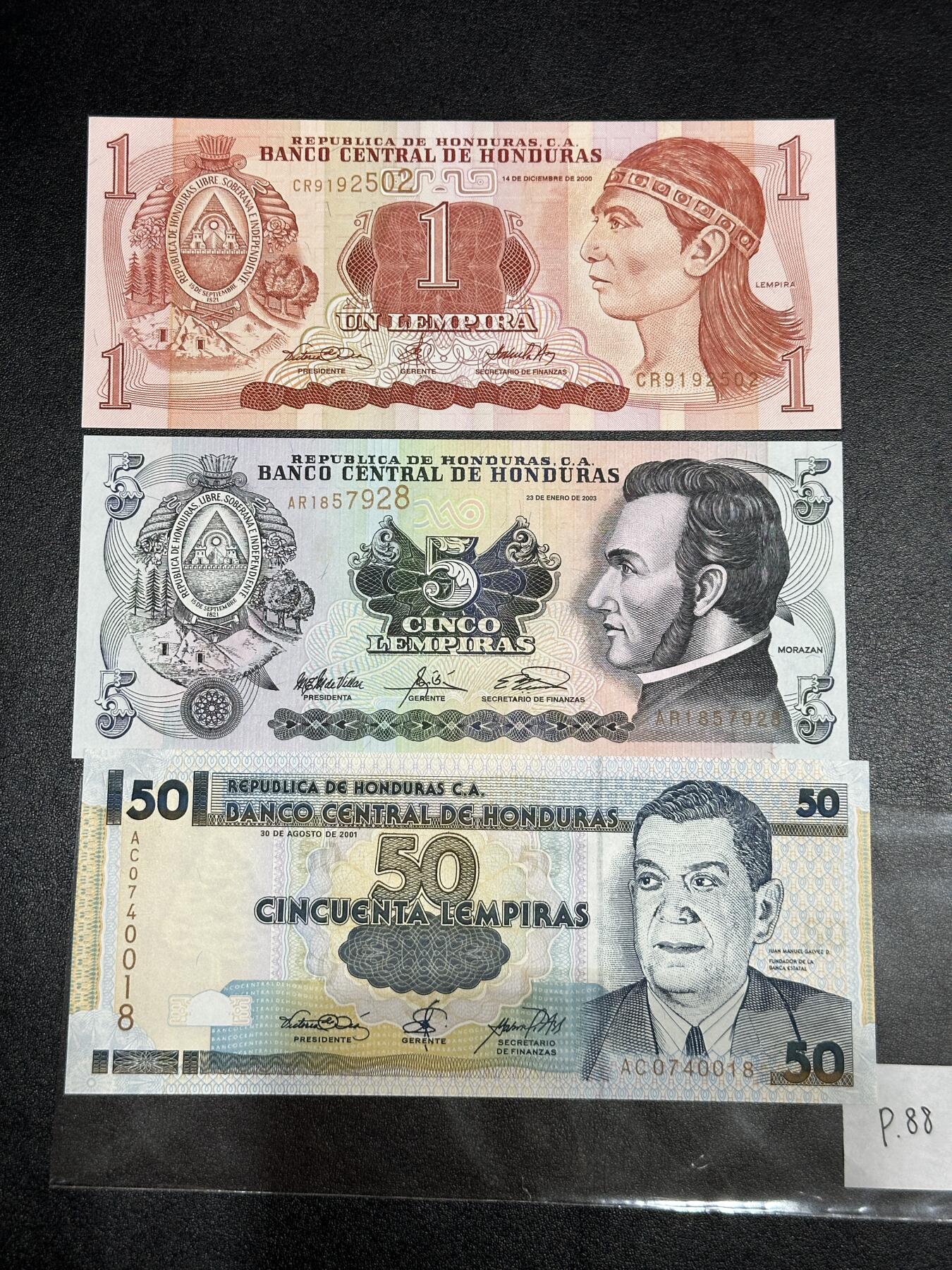 《外钞收藏家》第三百八十一期（美洲小专场） 洪都拉斯2000-2003年版小套3枚，1/5/50元	P84-88  全新UNC