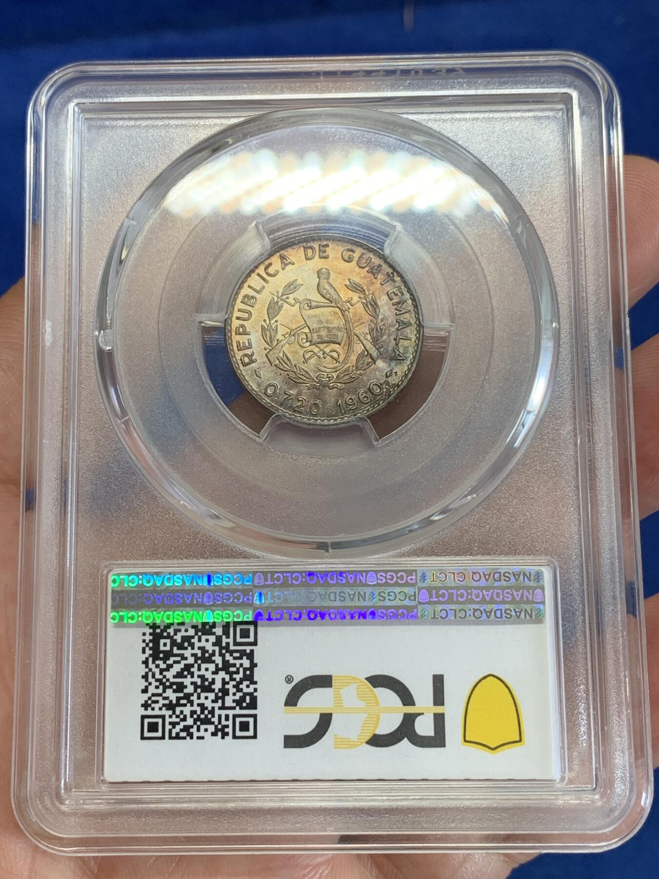 《竞宝斋》第279场- 周日，周一 ，周二3场连拍 （全场包邮） PCGS-MS65 危地马拉 1960年 10分银币 PC唯一冠军分双面炫五彩包浆状态顶尖。