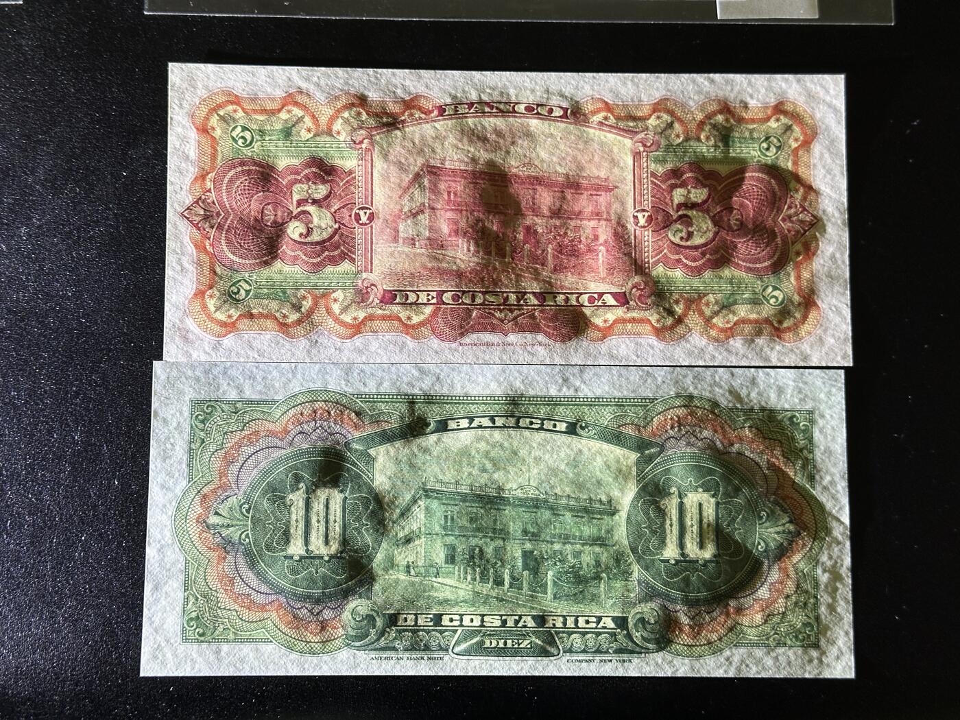 《外钞收藏家》第三百八十一期（美洲小专场） 哥斯达黎加早期纸币5/10克伦 全新 轻微个别潮黄点