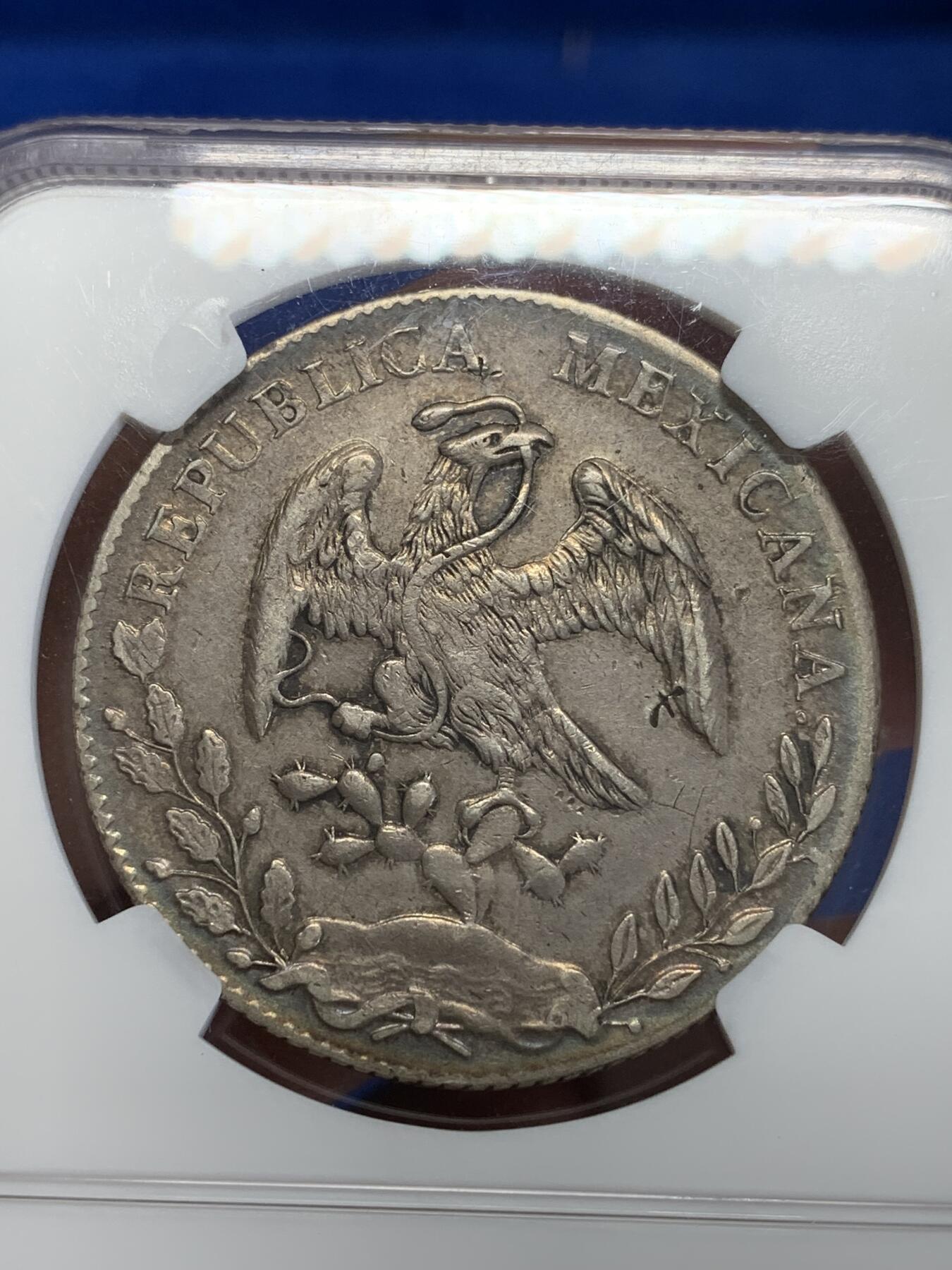 《竞宝斋》第279场- 周日，周一 ，周二3场连拍 （全场包邮） NGC XF 1894年墨西哥8里亚尔鹰洋 环五彩 在华流通老银元 包克旧藏