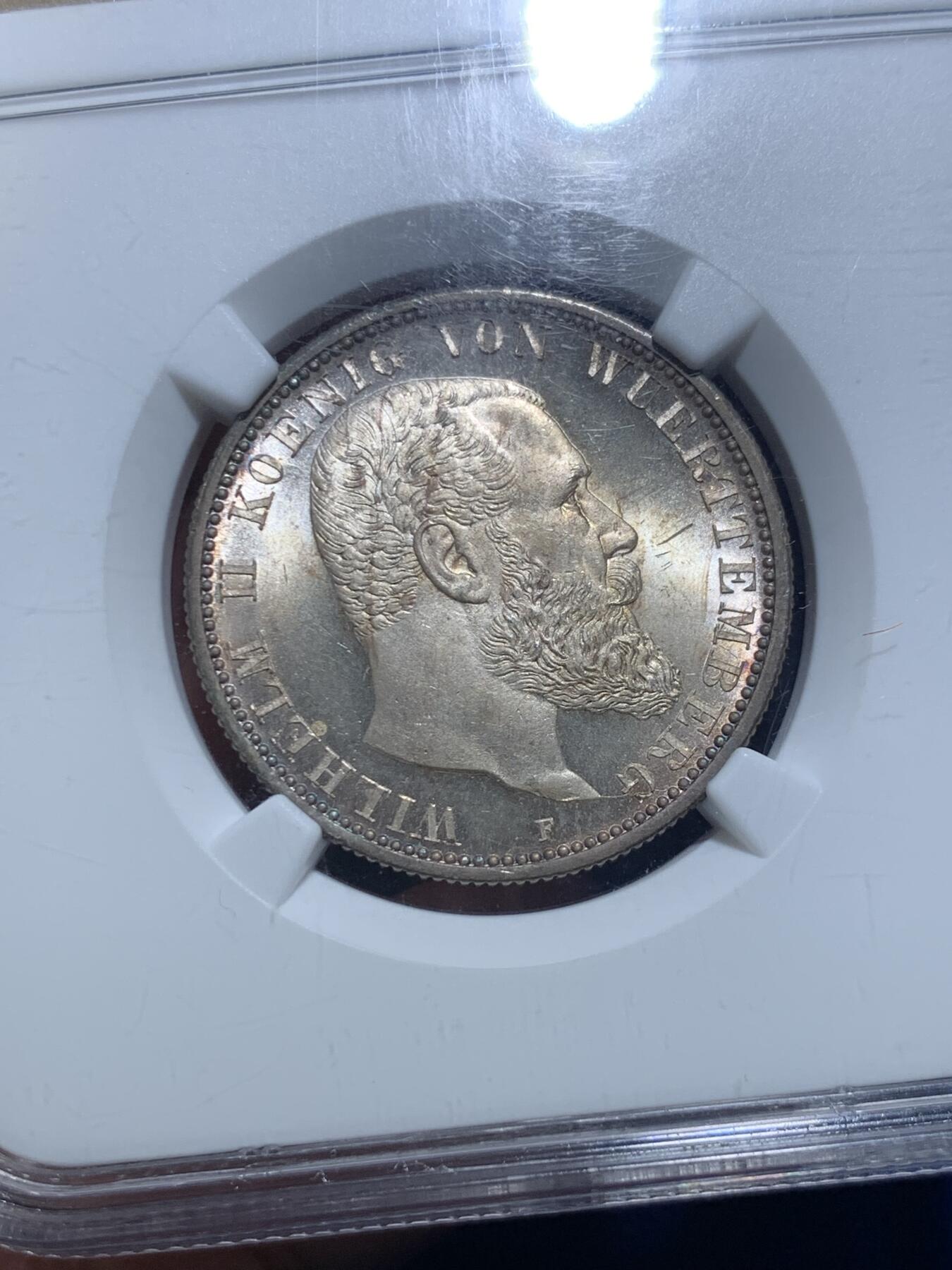 《竞宝斋》第279场- 周日，周一 ，周二3场连拍 （全场包邮） 亚军分！NGC MS64 德国 1908年 符腾堡 威廉二世 2马克银币 顶级高分转光