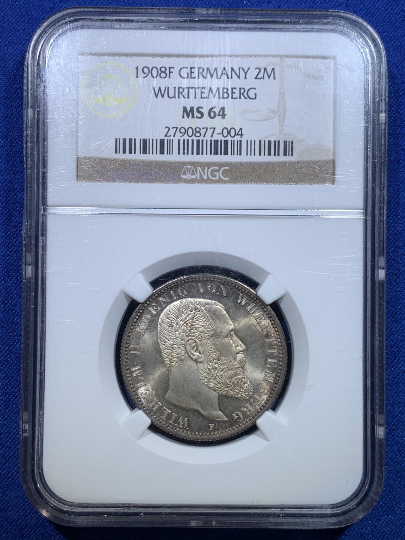 《竞宝斋》第279场- 周日，周一 ，周二3场连拍 （全场包邮） 亚军分！NGC MS64 德国 1908年 符腾堡 威廉二世 2马克银币 顶级高分转光