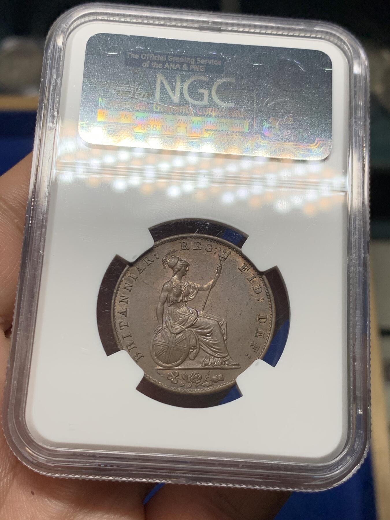 《竞宝斋》第279场- 周日，周一 ，周二3场连拍 （全场包邮） NGC MS63BN 英国1841小维半便士铜币 年轻版 1841早期年份 中心部位铜光犹存，发丝胸口高点犀利，状态极佳。老盒严评，不容错过