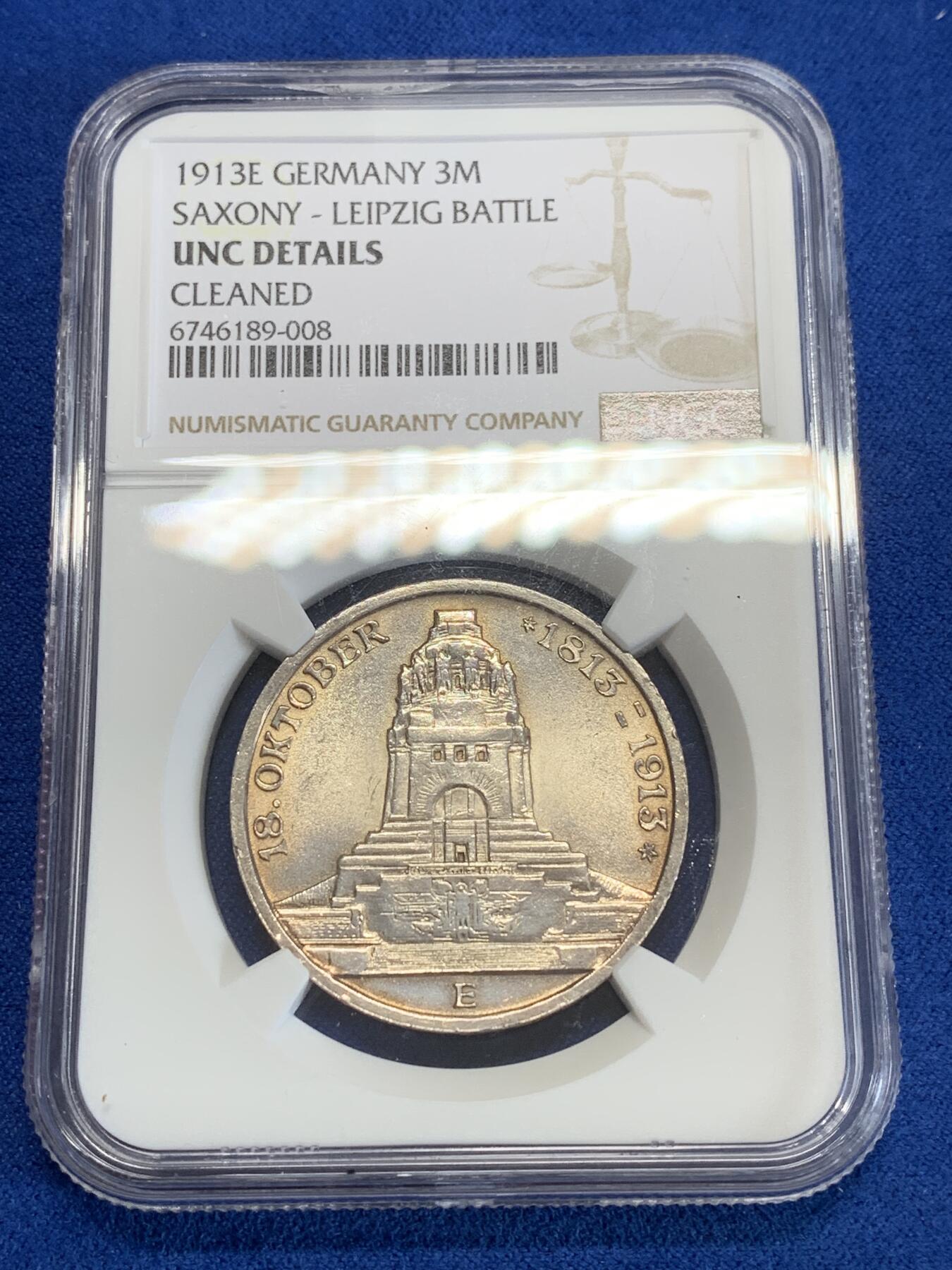 《竞宝斋》第279场- 周日，周一 ，周二3场连拍 （全场包邮） NGC UNC   德国1913年建功碑3马克银币