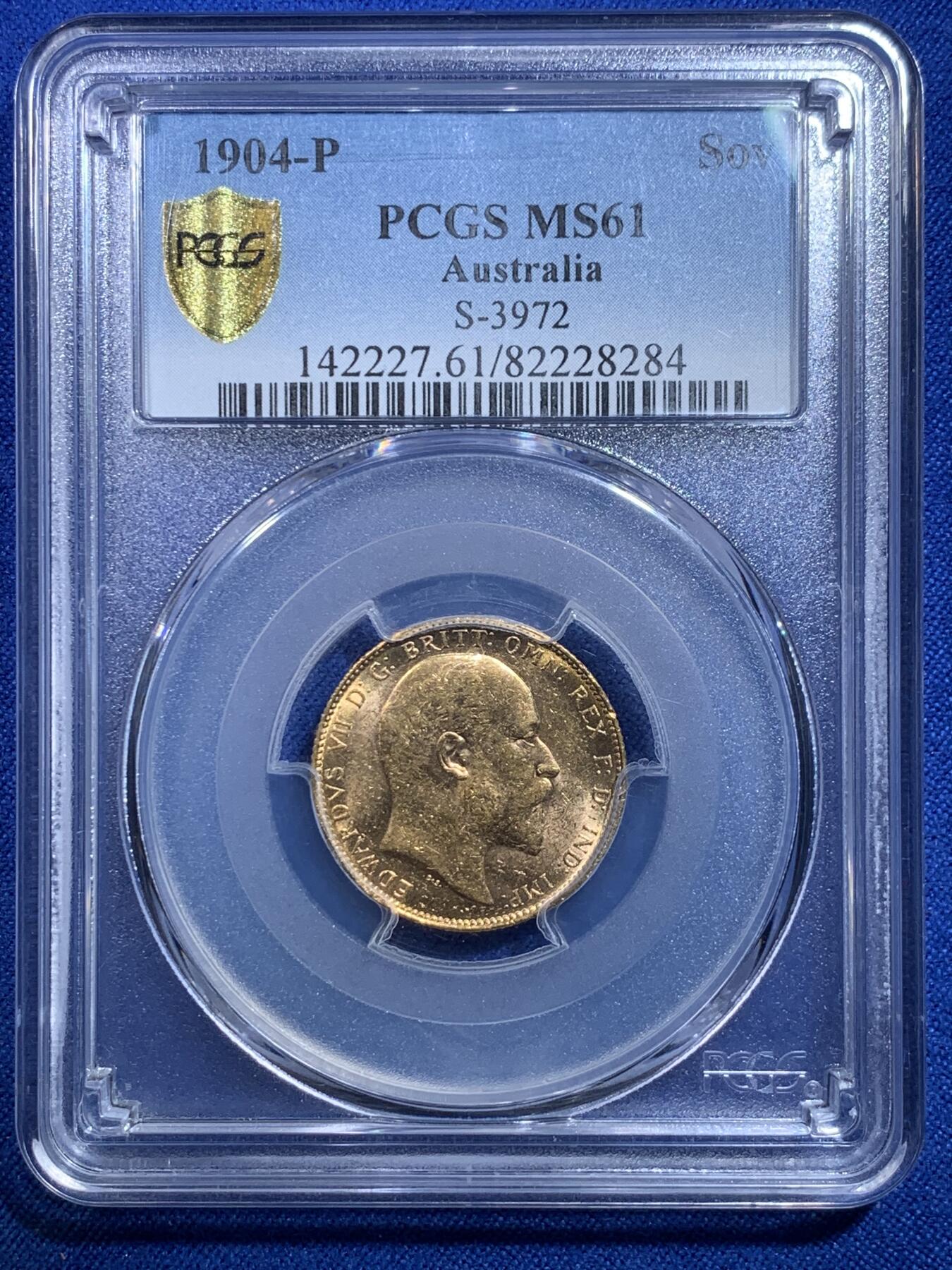 《竞宝斋》第279场- 周日，周一 ，周二3场连拍 （全场包邮） PCGS MS61 英属澳大利亚1904年爱德华七世1索维林马剑金币珀斯厂 7.9881g 91.7%金 十分少见的爱德华七世澳大利亚金币