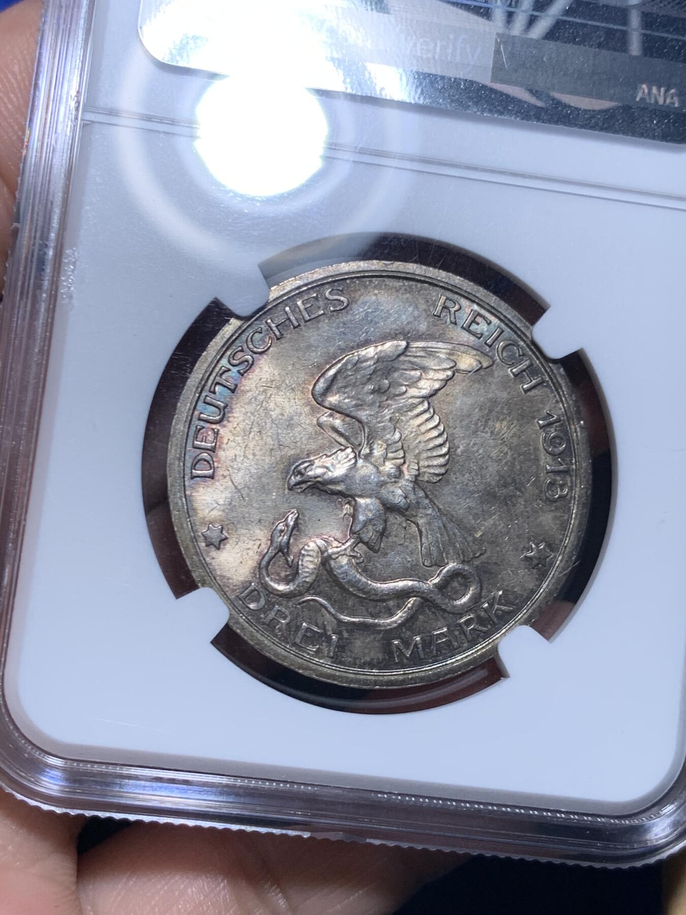 《竞宝斋》第279场- 周日，周一 ，周二3场连拍 （全场包邮） NGC-MS62 普鲁士 1913年 击败拿破仑3马克银币 双面透骨五彩包浆状态极佳。