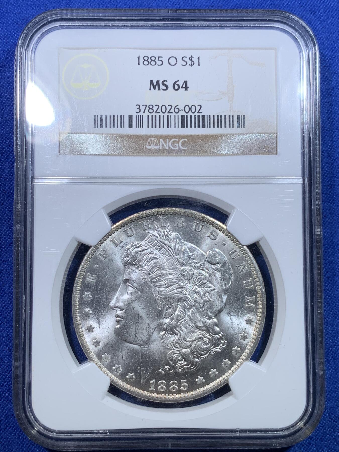 《竞宝斋》第279场- 周日，周一 ，周二3场连拍 （全场包邮） NGC MS64 美国 1885年 1美元 摩根银币 老盒子 爆光品相