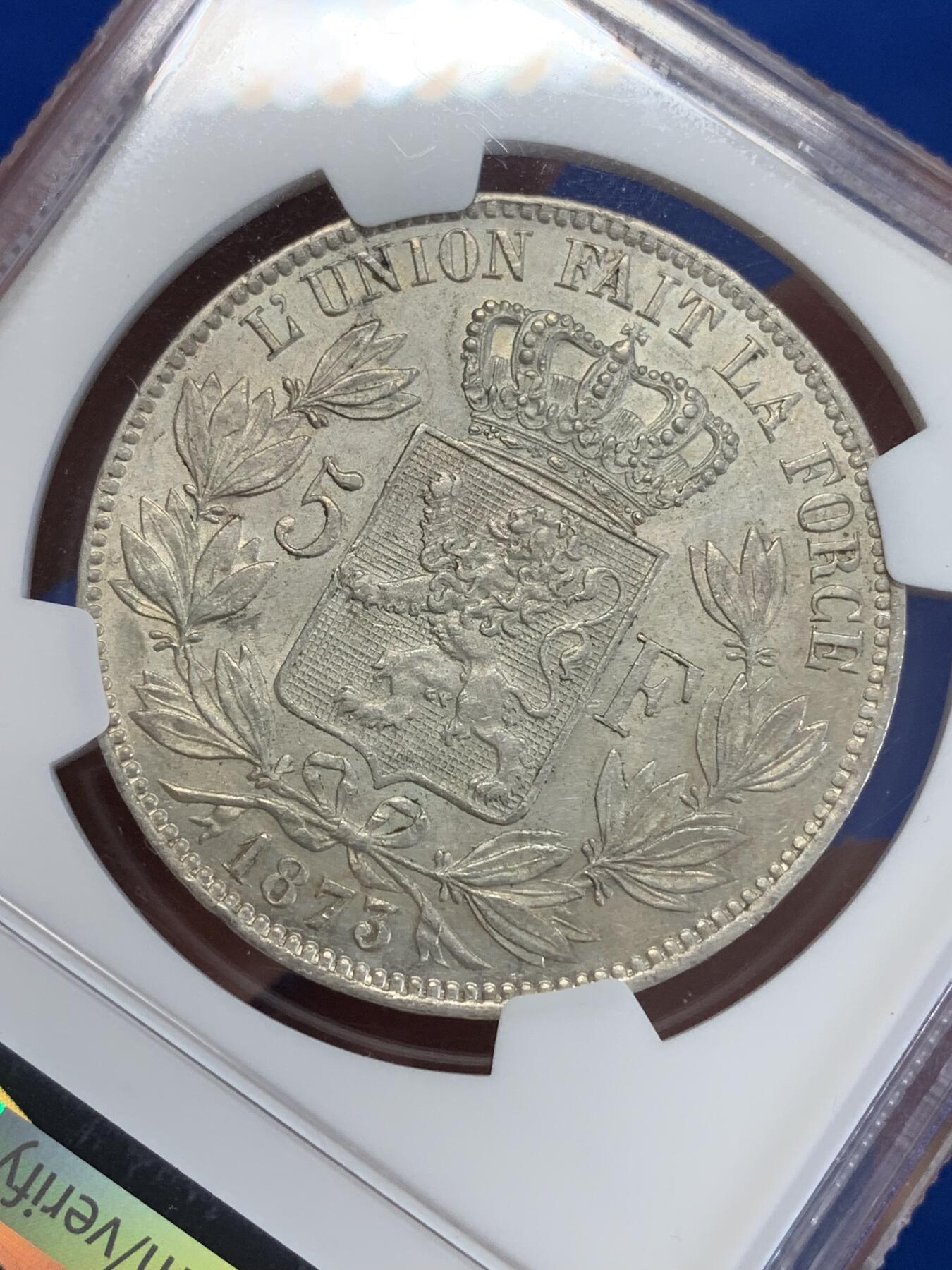 《竞宝斋》第279场- 周日，周一 ，周二3场连拍 （全场包邮） NGC UNC   比利时1873年利奥波德二世5法郎银币