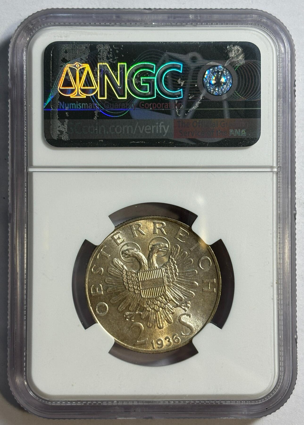 紫瑗钱币——第420期 奥地利 1936年 萨沃伊王子 2先令 银币 NGC MS62