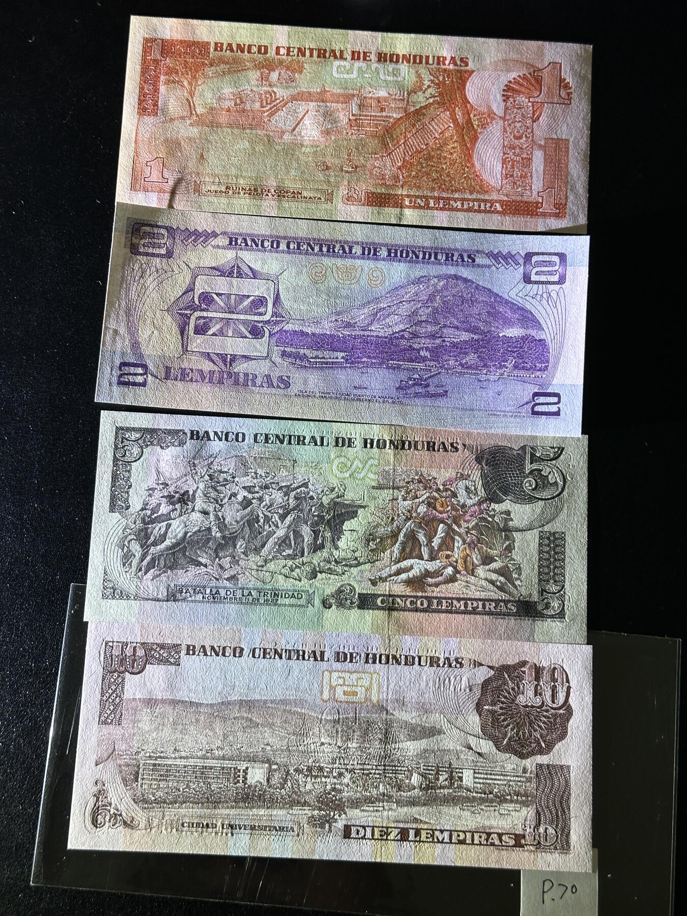 《外钞收藏家》第三百八十一期（美洲小专场） 洪都拉斯1976-1989年小套4枚，1/2/5/10元，其中2元为纪念钞	P61-70  全新UNC