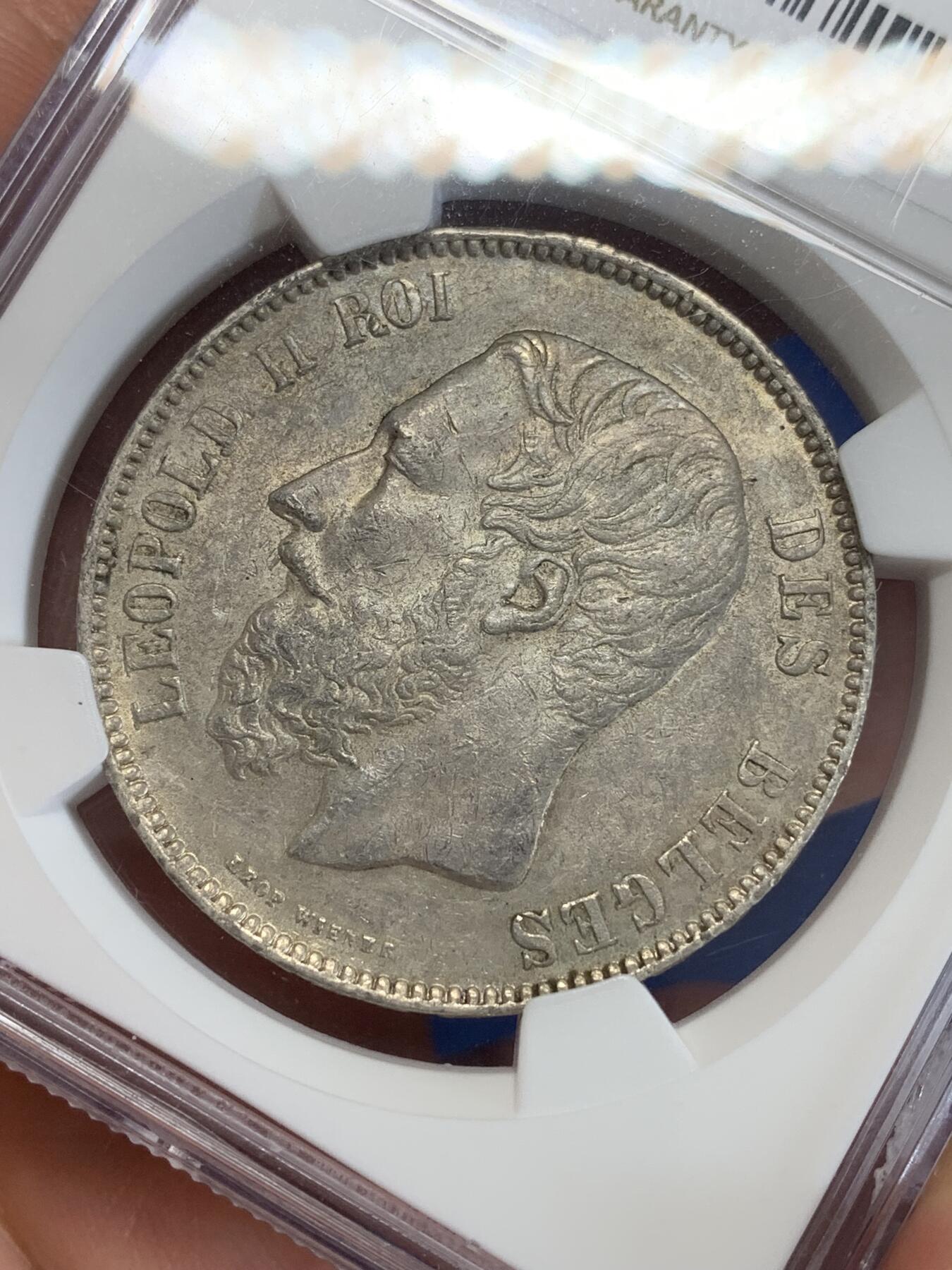 《竞宝斋》第279场- 周日，周一 ，周二3场连拍 （全场包邮） NGC UNC   比利时1873年利奥波德二世5法郎银币