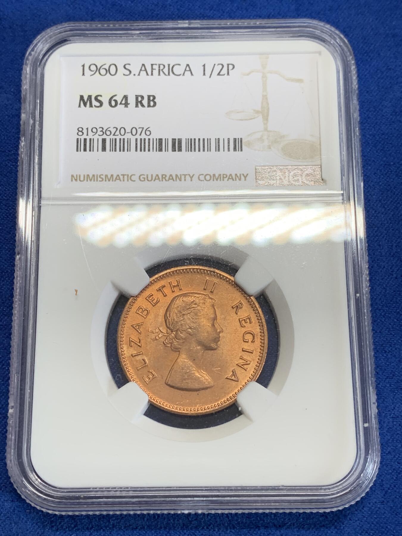 《竞宝斋》第279场- 周日，周一 ，周二3场连拍 （全场包邮） NGC MS64RB 英属南非1960年伊丽莎白二世半便士铜币
