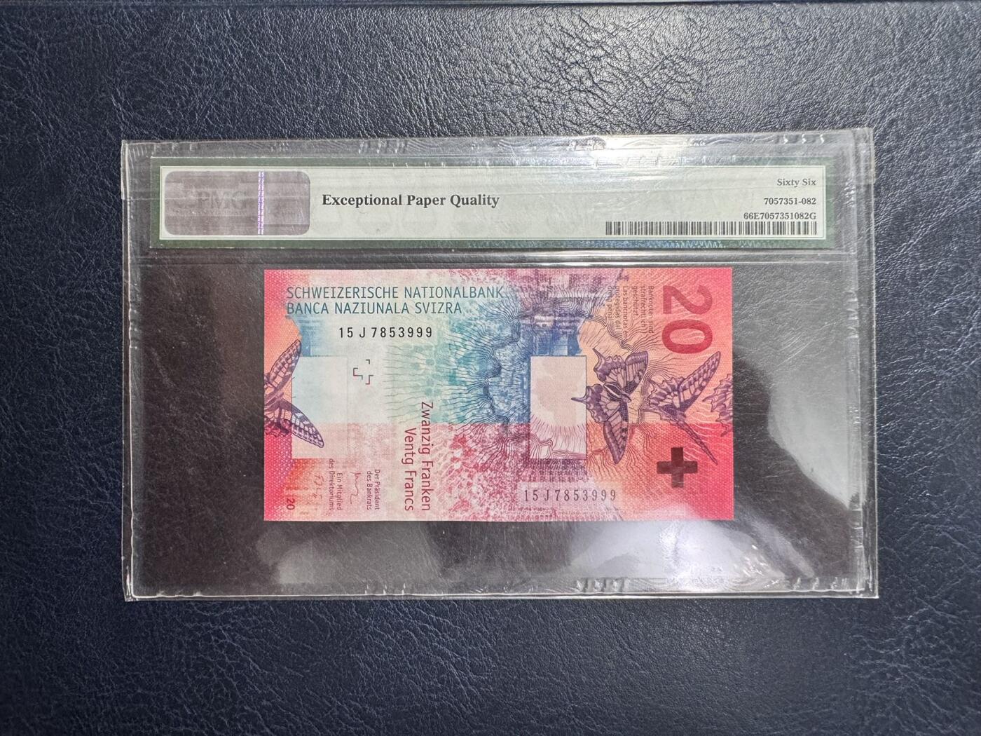 收藏联盟Quantum Auction 第354期拍卖  瑞士联邦2015年版20法郎豹子号999 PMG66 号码无4