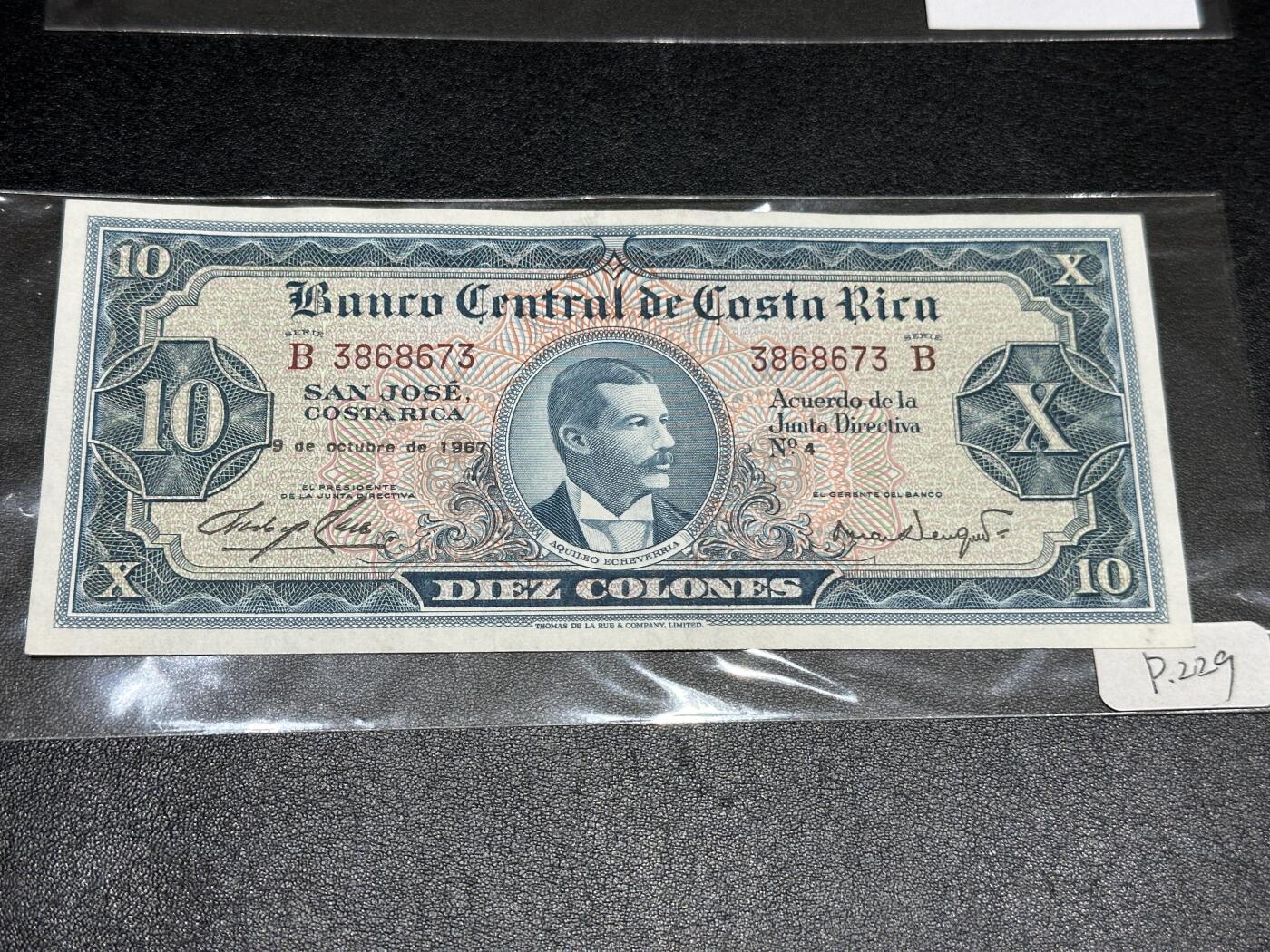 《外钞收藏家》第三百八十一期（美洲小专场） 哥斯达黎加1967年10克伦	P229 全新 疑似有轻微潮