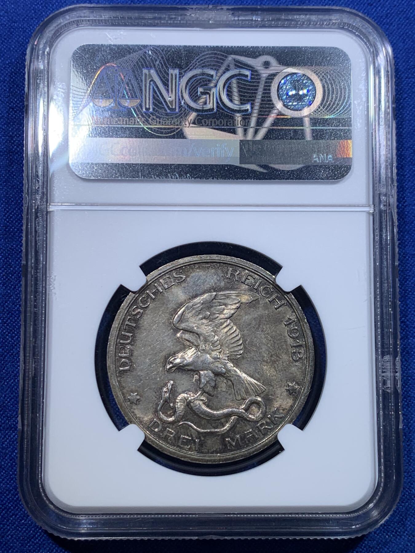 《竞宝斋》第279场- 周日，周一 ，周二3场连拍 （全场包邮） NGC-MS62 普鲁士 1913年 击败拿破仑3马克银币 双面透骨五彩包浆状态极佳。