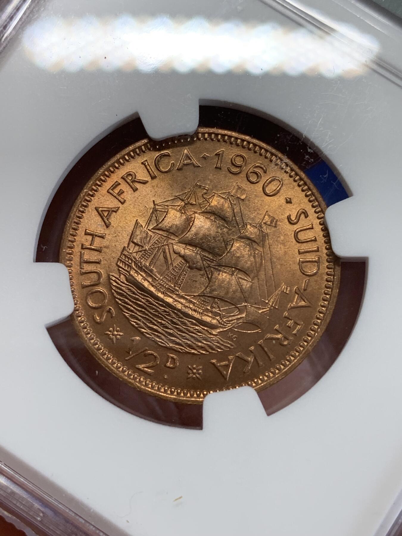 《竞宝斋》第279场- 周日，周一 ，周二3场连拍 （全场包邮） NGC MS64RB 英属南非1960年伊丽莎白二世半便士铜币