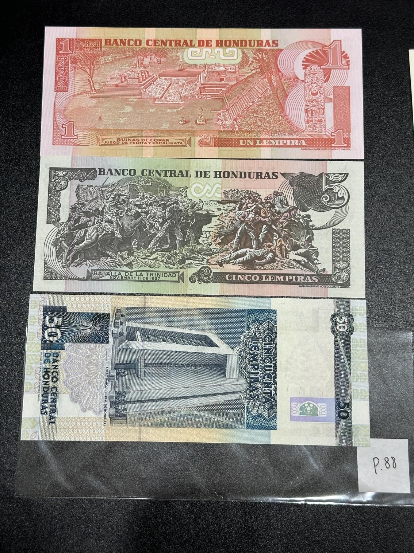 《外钞收藏家》第三百八十一期（美洲小专场） 洪都拉斯2000-2003年版小套3枚，1/5/50元	P84-88  全新UNC