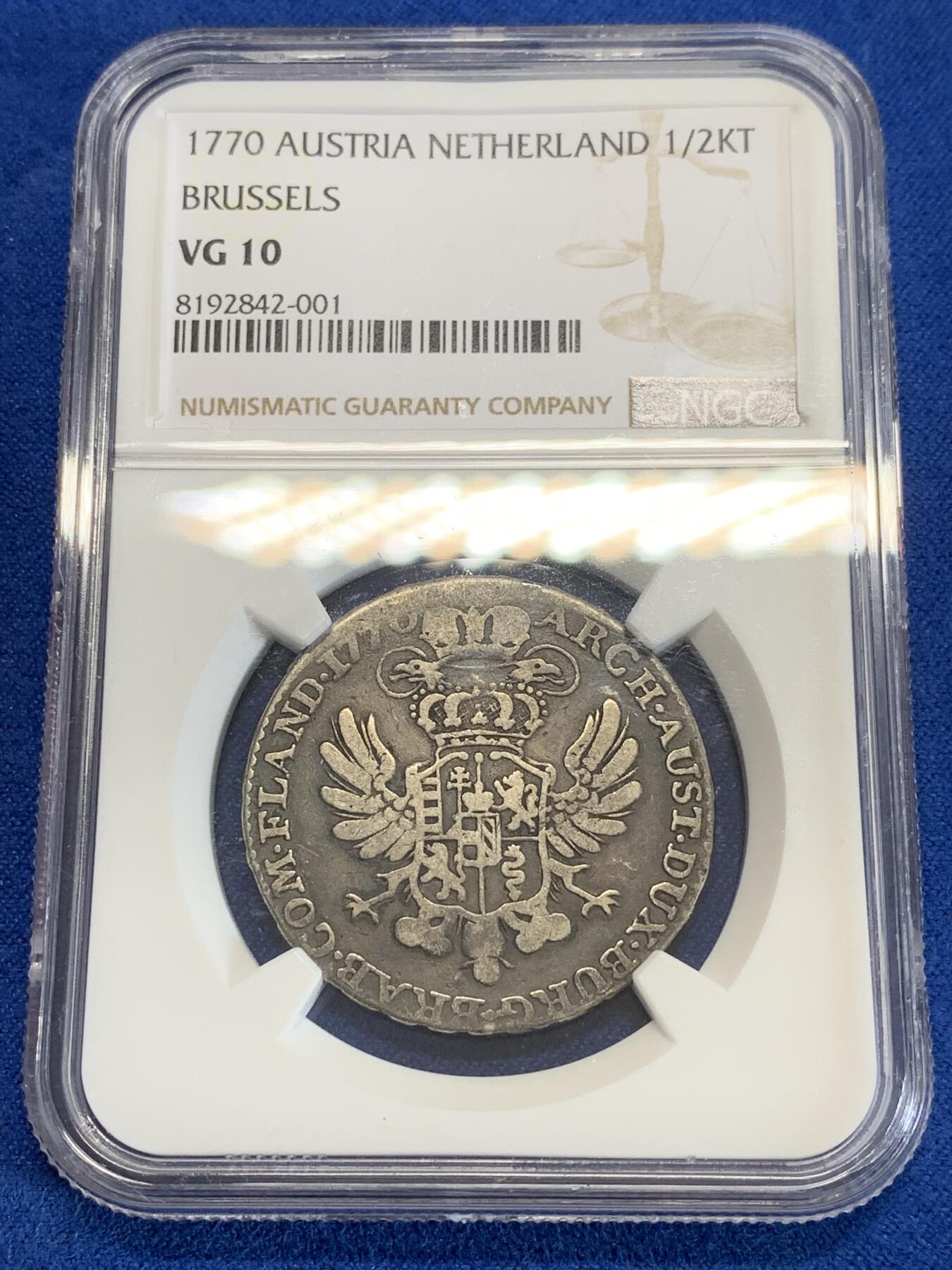 《竞宝斋》第279场- 周日，周一 ，周二3场连拍 （全场包邮） NGC VG10 1770年奥属尼德兰1/2泰勒 唯一冠军分，极少见的品种，布鲁塞尔产，200多年老包浆，很舒服的状态