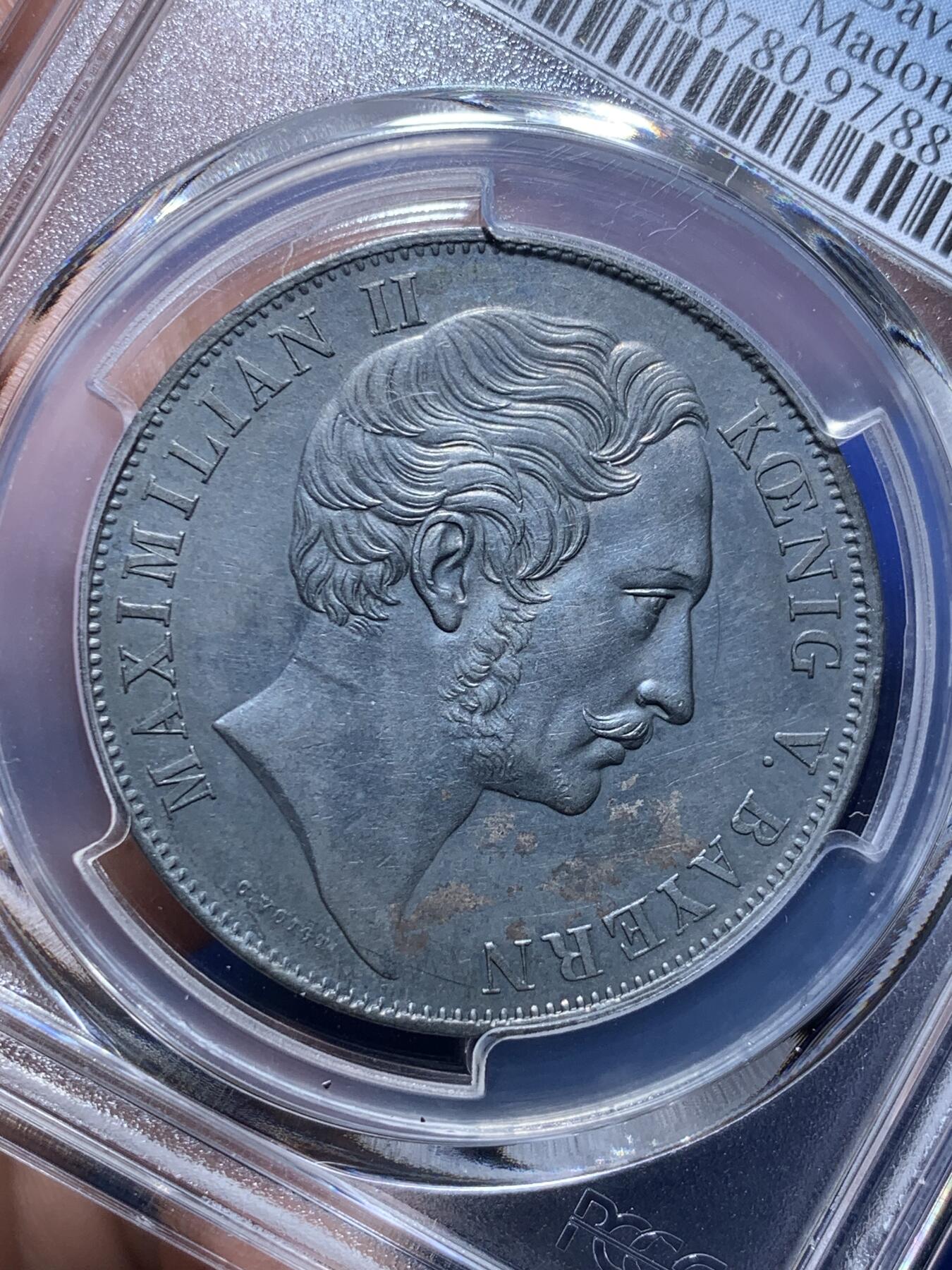 《竞宝斋》第279场- 周日，周一 ，周二3场连拍 （全场包邮） PCGS AU 德国 1855年 巴伐利亚马克西米利安二世圣母抱婴2GUL 双面黑漆古包浆状态上佳。