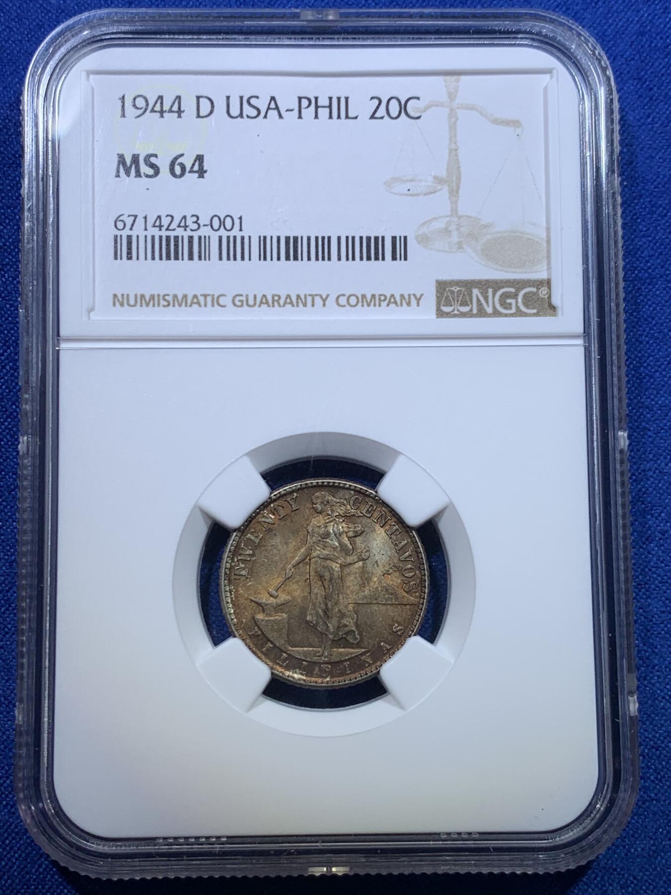 《竞宝斋》第279场- 周日，周一 ，周二3场连拍 （全场包邮） NGC MS64 1944年美属菲律宾20分银币  顶级五彩包浆车轮光，观感极佳