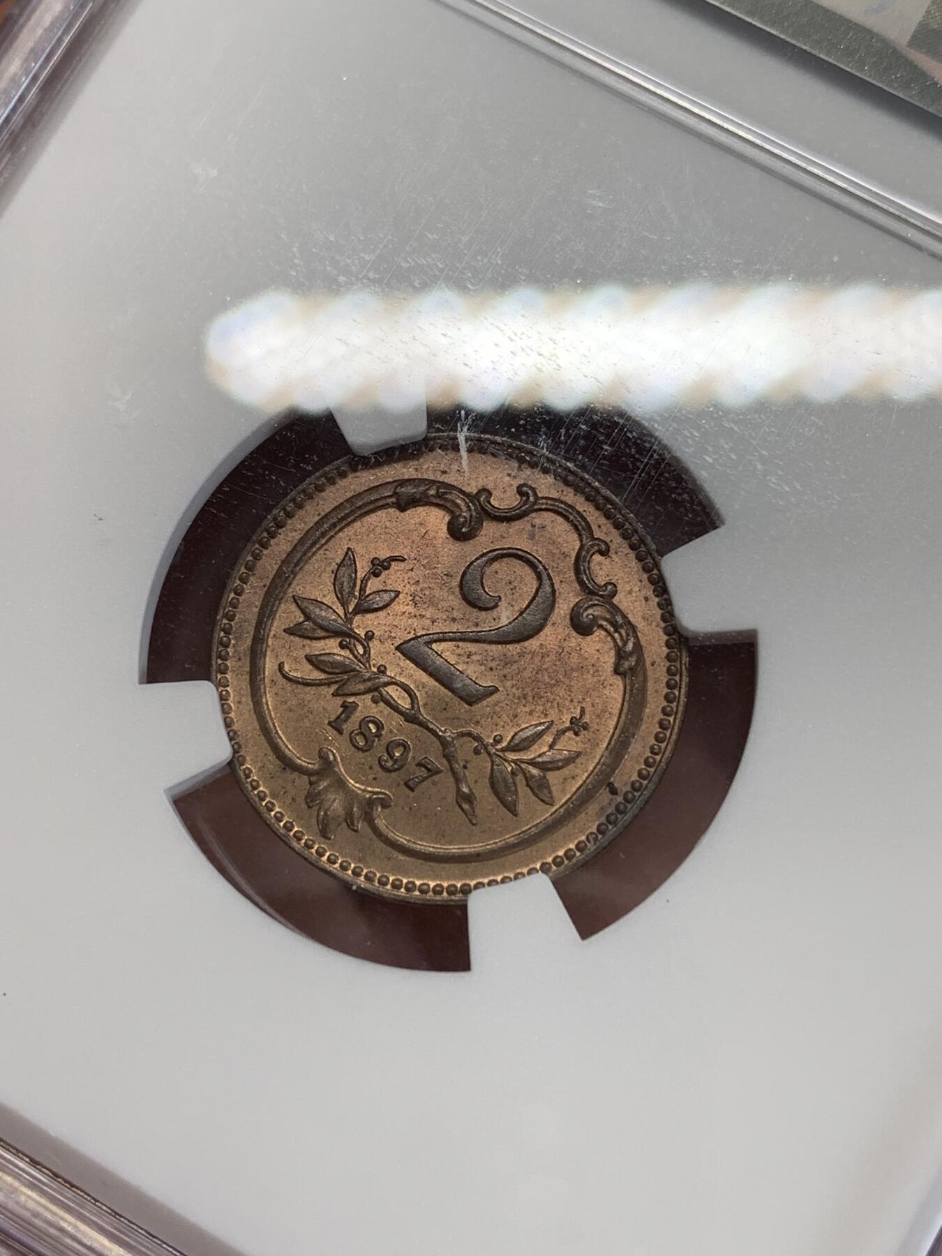 《竞宝斋》第279场- 周日，周一 ，周二3场连拍 （全场包邮） NGC MS65RB 奥匈帝国1897年2赫勒铜币 最高得分