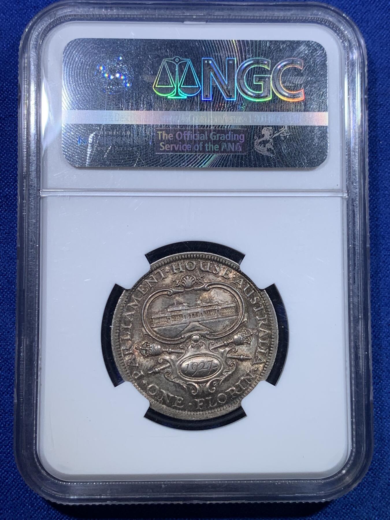 《竞宝斋》第279场- 周日，周一 ，周二3场连拍 （全场包邮） NGC MS63 澳大利亚 1927年2先令 国会大厦纪念银币