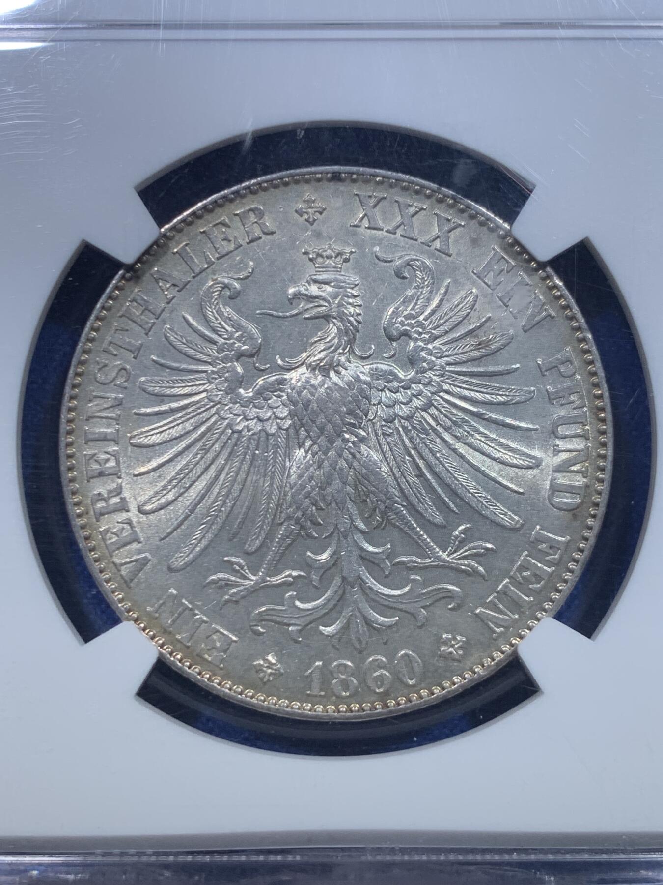 《竞宝斋》第279场- 周日，周一 ，周二3场连拍 （全场包邮） NGC AU58 德国 1860年 法兰克福少女1泰勒银币 黄油包浆，有点低评了