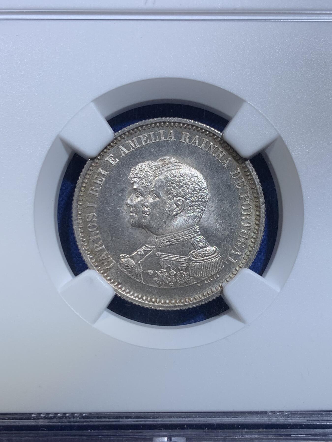 《竞宝斋》第279场- 周日，周一 ，周二3场连拍 （全场包邮） NGC MS65 葡萄牙1898年发现印度戎装版200瑞斯银币 高分好品