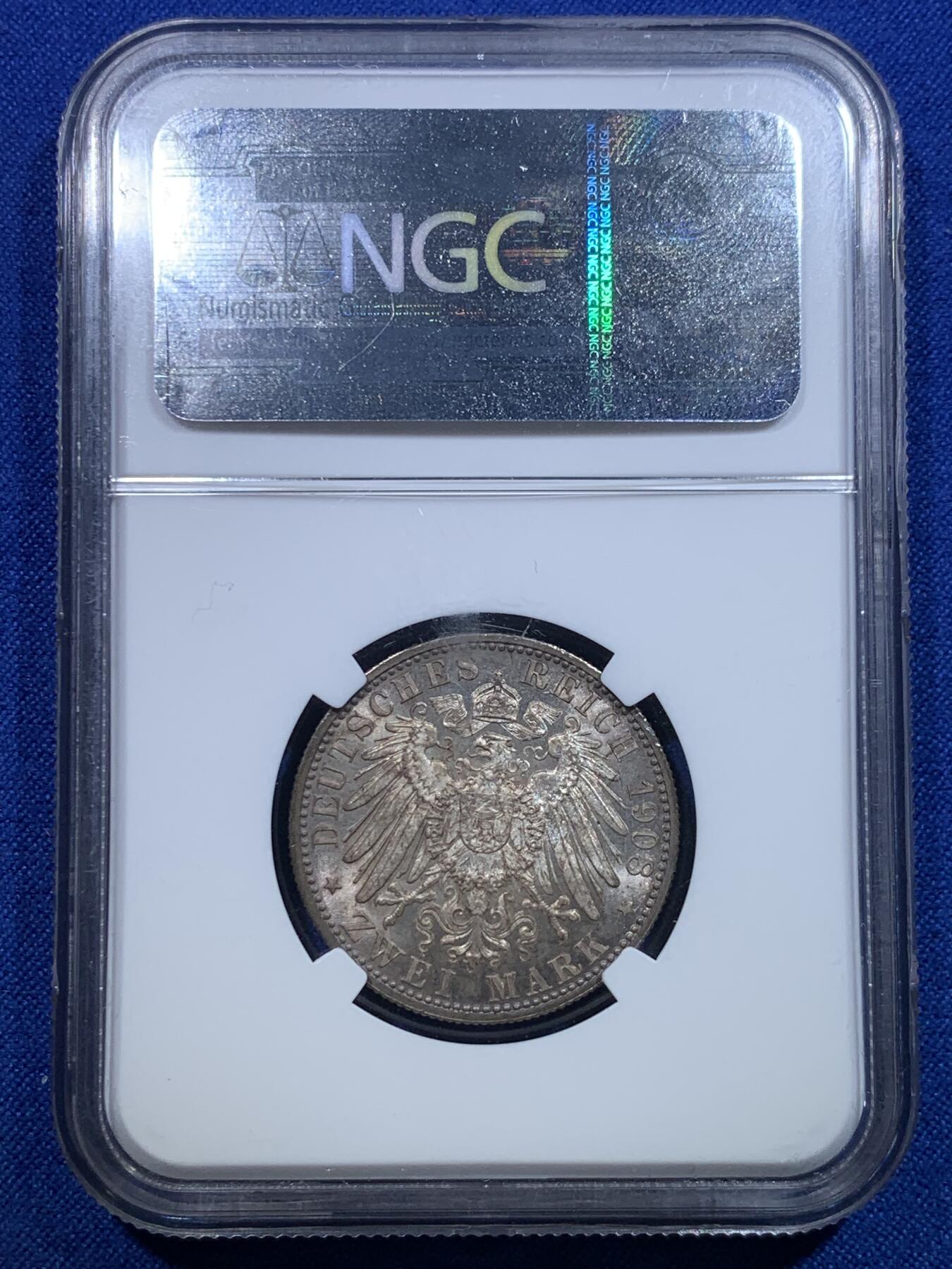 《竞宝斋》第279场- 周日，周一 ，周二3场连拍 （全场包邮） 亚军分！NGC MS64 德国 1908年 符腾堡 威廉二世 2马克银币 顶级高分转光