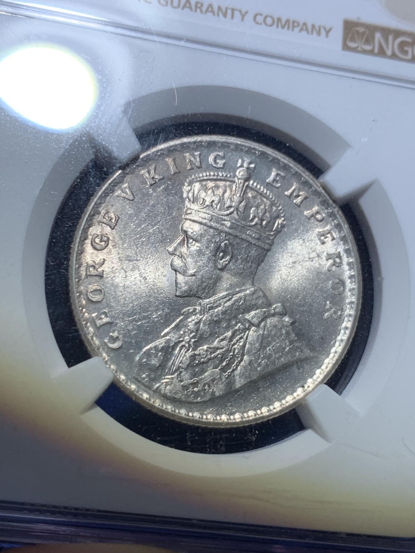《竞宝斋》第279场- 周日，周一 ，周二3场连拍 （全场包邮） NGC MS63 英属印度 1918年 B版 乔五 1卢比银币