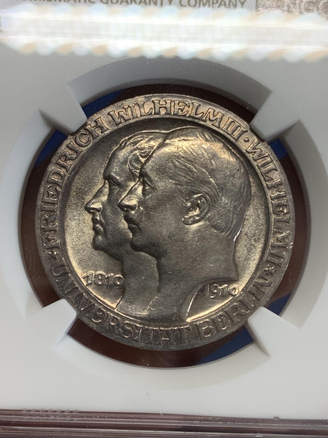 《竞宝斋》第279场- 周日，周一 ，周二3场连拍 （全场包邮） NGC MS62  德国1910年柏林大学3马克银币